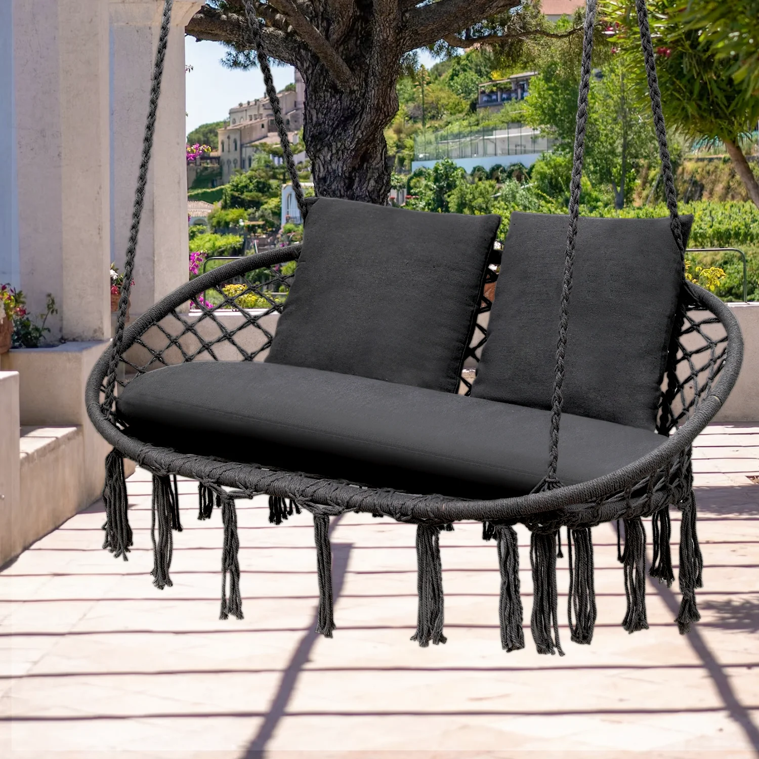 Patio Macrame Hammock Relaxing Chair Garden Hanging Rope Swing 2-Seat w/Cushion