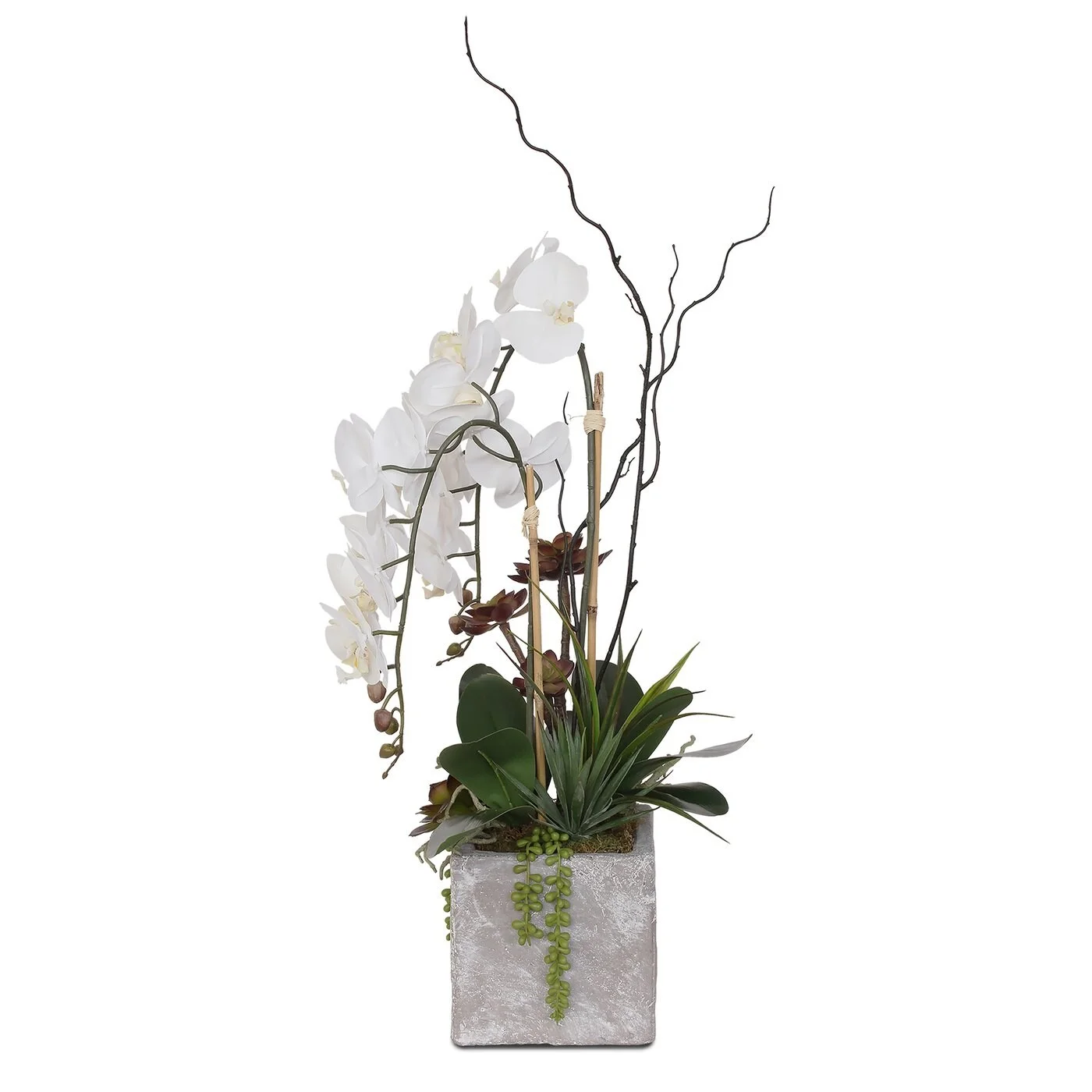F-117 Real Touch White Orchid with Succulent Arrangement in Square Stone Pot - 15W x 12D x 21H