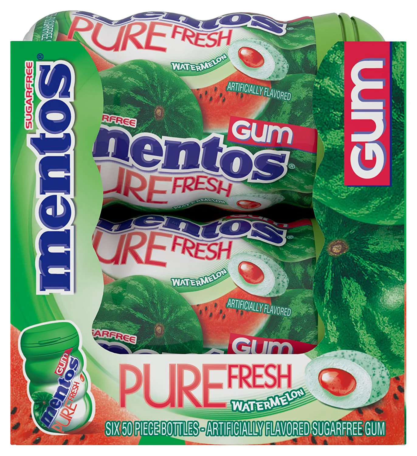 Mentos Pure Fresh Sugar-Free Chewing Gum with Xylitol, Watermelon, Valentines Day Gifts, Bulk, 50 Piece Bottle (Pack of 6)