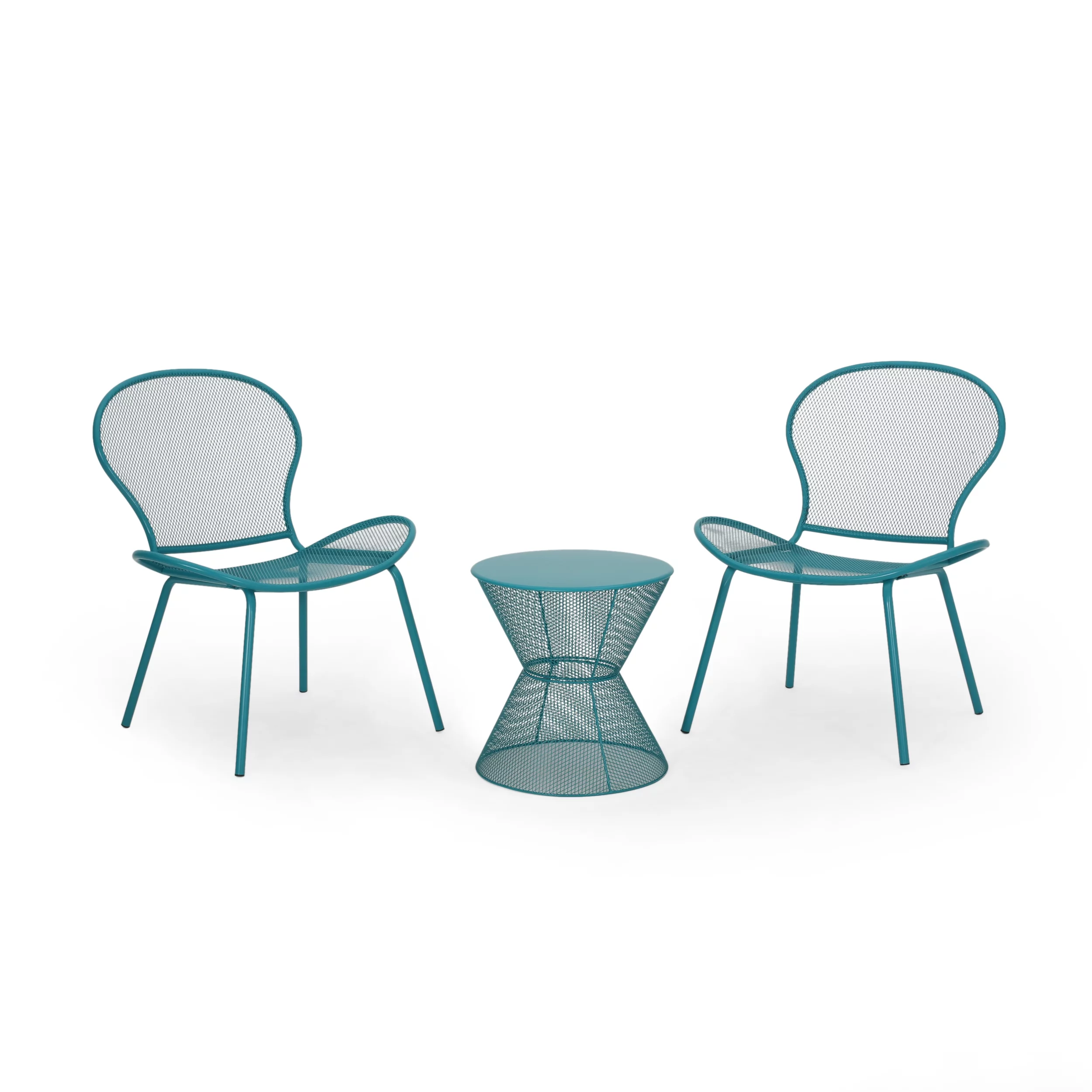 Kreighton Modern Outdoor 2 Seater Iron Chat Set with Side Table, Matte Teal