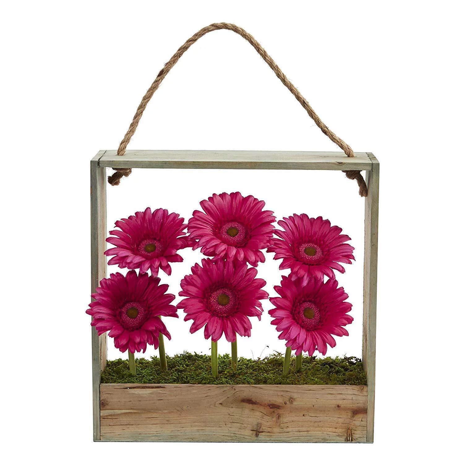 Nearly Natural Gerber Daisy Garden Artificial Arrangement in Hanging Wood Frame