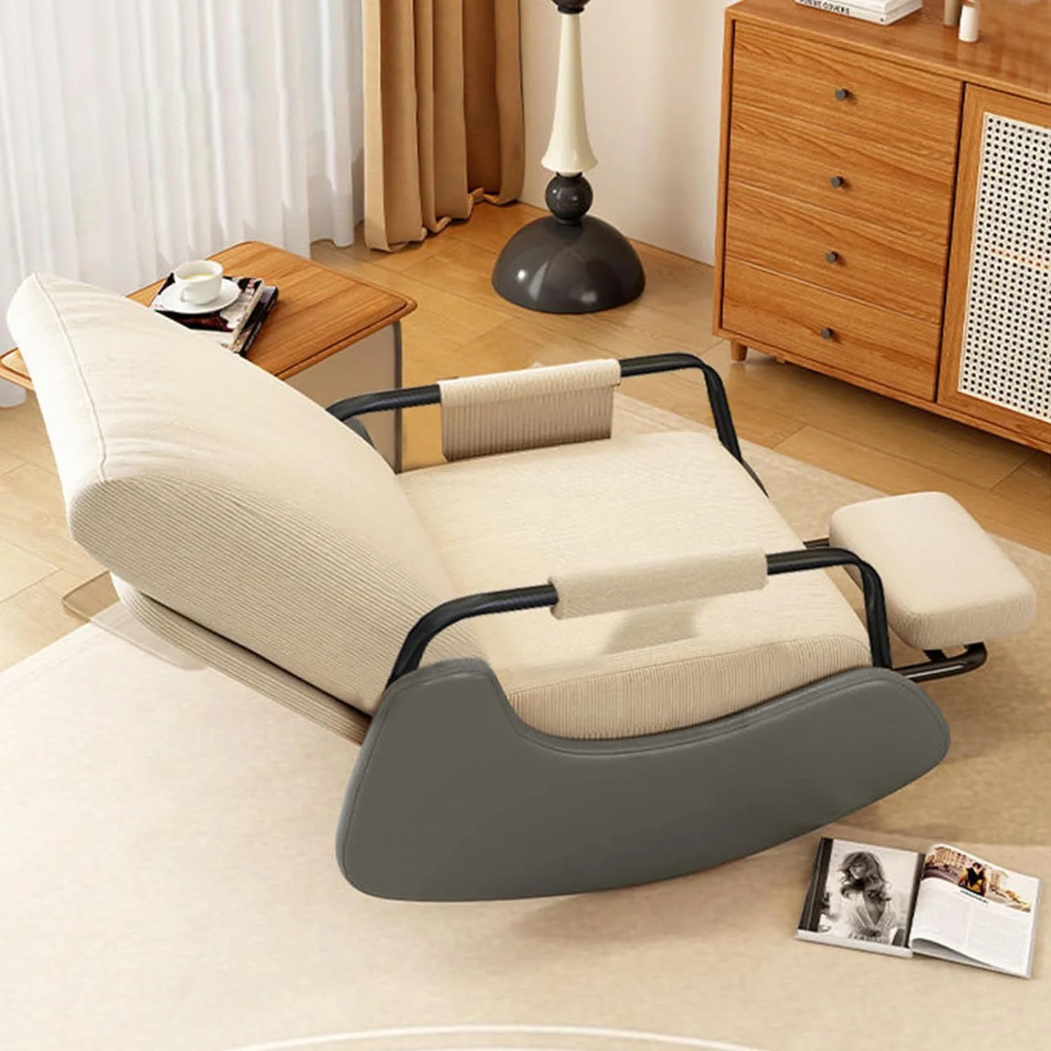 Foldable Rocking Chair with Foot Pads,Bedroom Backrest Chair, Living Room Reading Chair