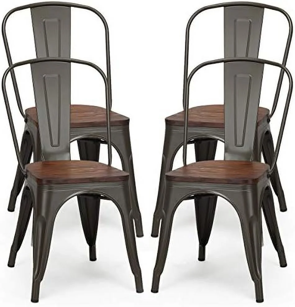 ZWGHLI Set of 4 Metal Dining Chairs with Wood Top Seat  Tolix Style Stackable Bistro Cafe Side Chair  Indoor Outdoor Dining Chairs with High Backrest  Perfect for Living Room  Restaurant