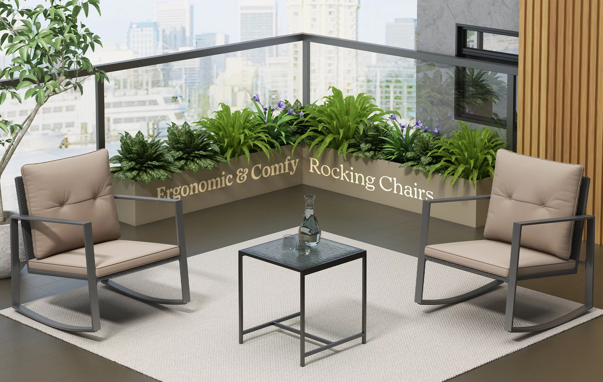 Riley 3-Piece Patio Modern Furniture Set - A Solid Glass Coffee Table WithTwo Plush Cushioned Chairs - Coffee/ Off-white