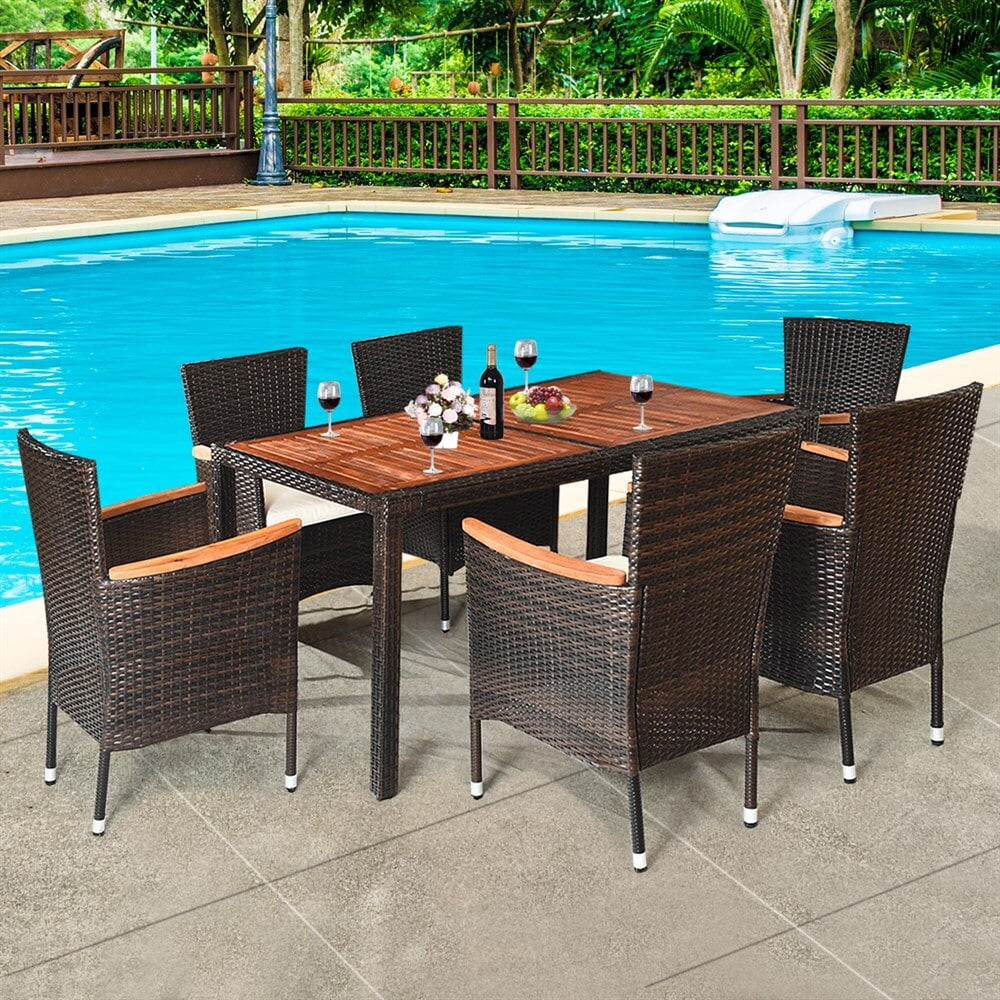 7PCS Patio Rattan Dining Set 6 Stackable Chairs Cushioned