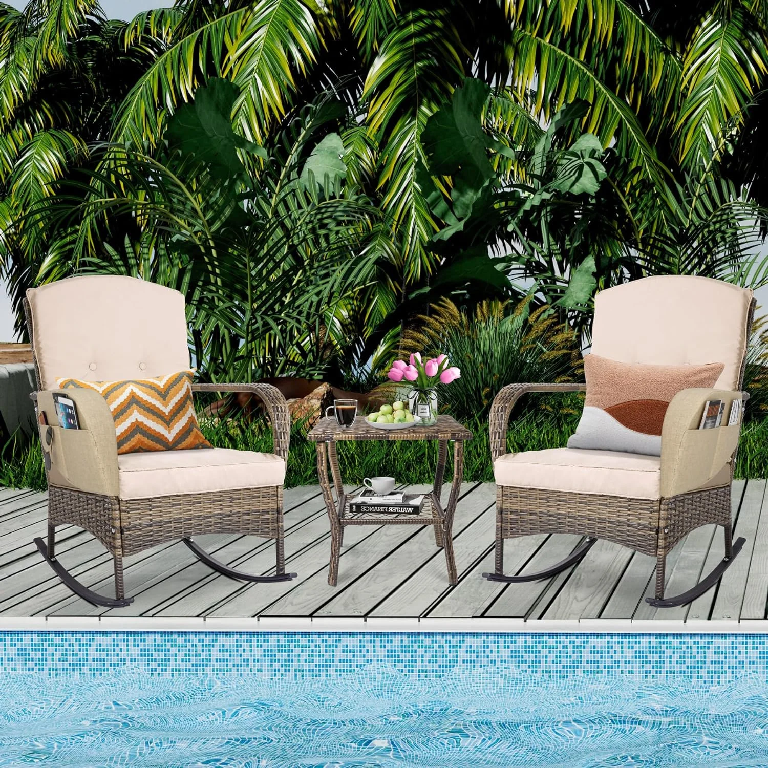 YPDCHB 3-Piece Outdoor  Set  Patio Conversation Chair  Wicker Rocking Chair with  for Porch  Garden  Poolside & Deck  Orange
