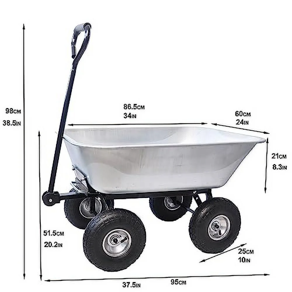 Garden Carts Four Wheels Pneumatic Tires Wheelbarrows Garden Dump Cart Folding Dolly with Steel Frame Patio Lawn Beach Gardening Care Yard Carts