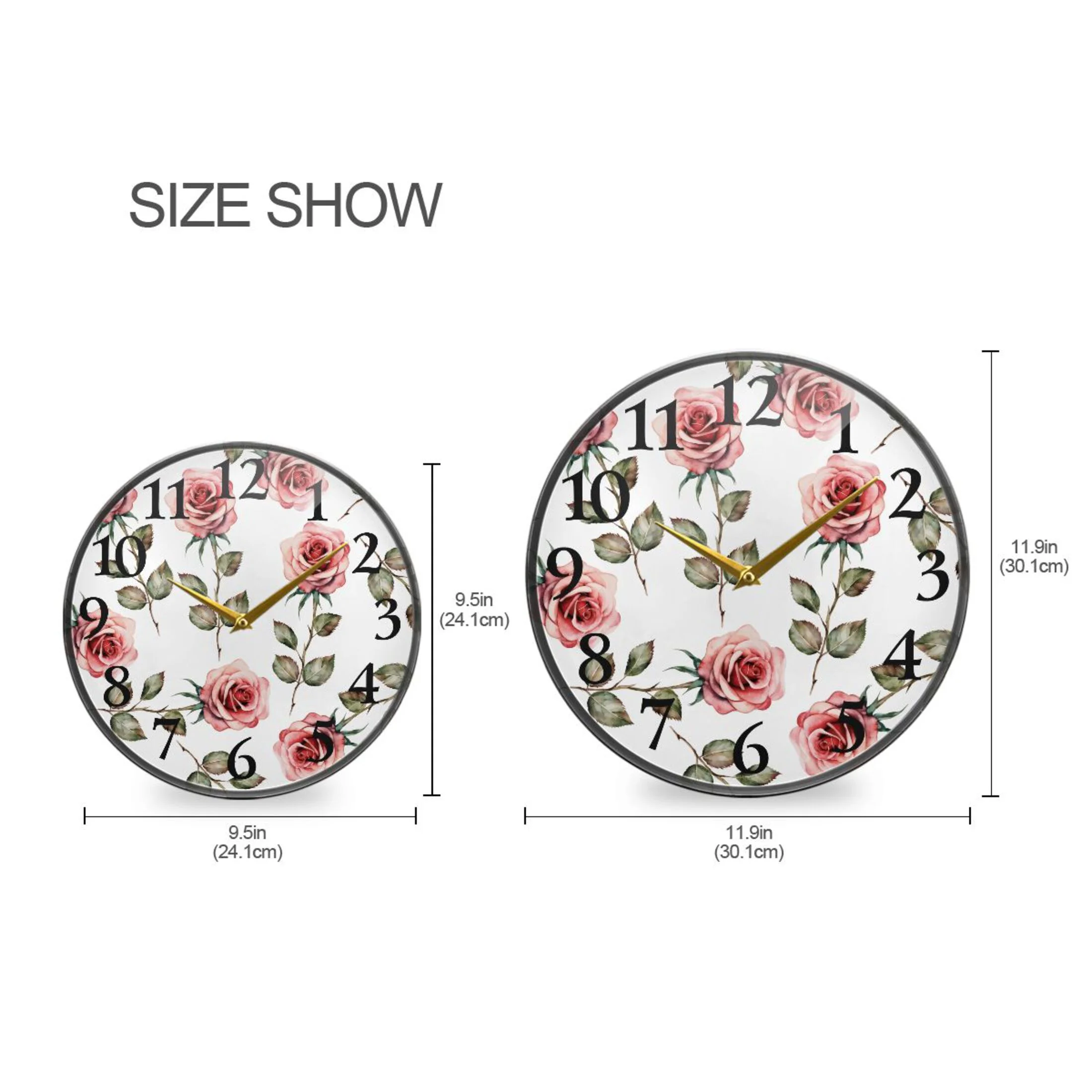 Watercolor Rose Flower Wall Clocks Battery Operated 9.5 Inch Round Clock Acrylic Silent Non-Ticking Bedroom Living Room Decorative Clocks