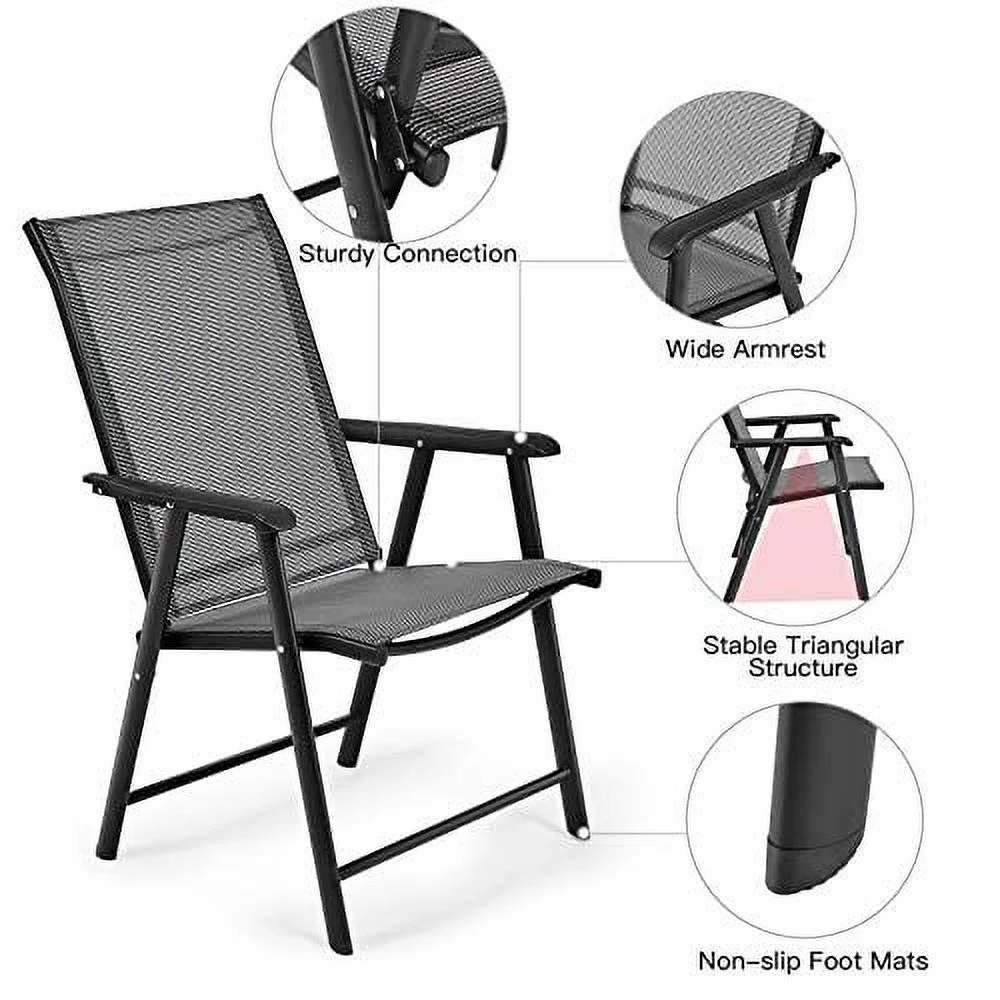 RELAX4LIFE Patio Folding Chairs Set of 2 W/Armrest,High Backrest&Metal Frame Patio Dining Chairs Set for Courtyard, Garden, Poolside Outdoor & Indoor No-Assembly 2PCS Folding Sling Chairs (2, Grey)