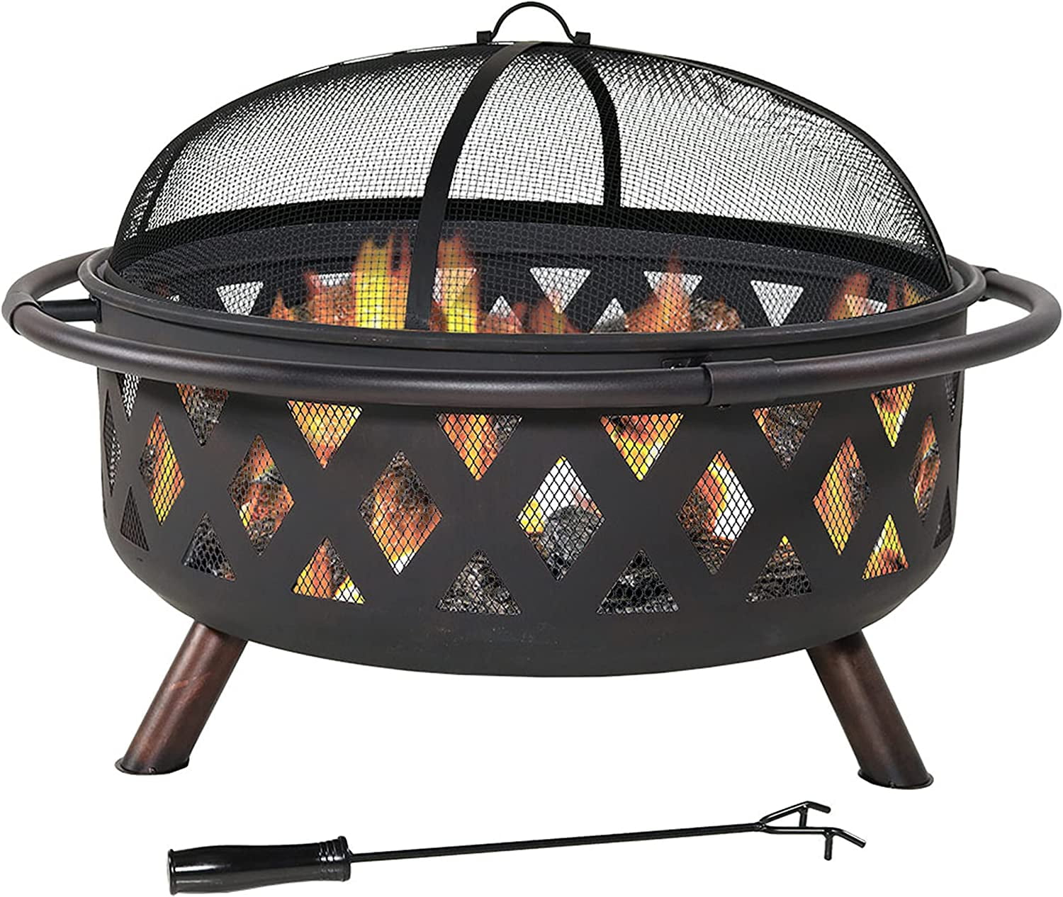 Black Crossweave Large Outdoor Fire Pit - 36-Inch Heavy-Duty Wood-Burning Fire Pit with Spark Screen for Patio & Backyard Bonfires - Includes Poker & Round Fire Pit Cover