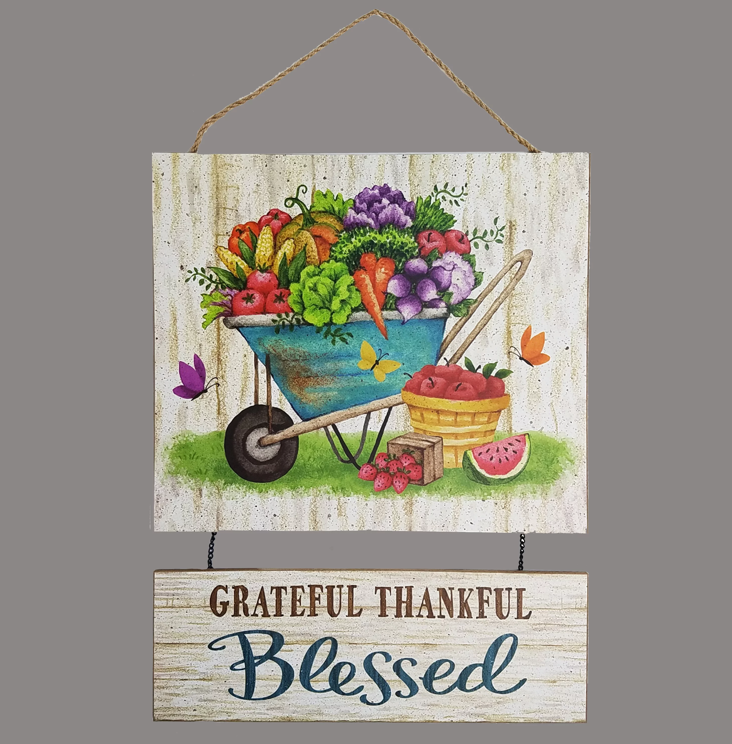 burton+BURTON Wheelbarrow Garden Scene Multi-Color Wall Hanging Decoupaged Wood Kitchen Decoration