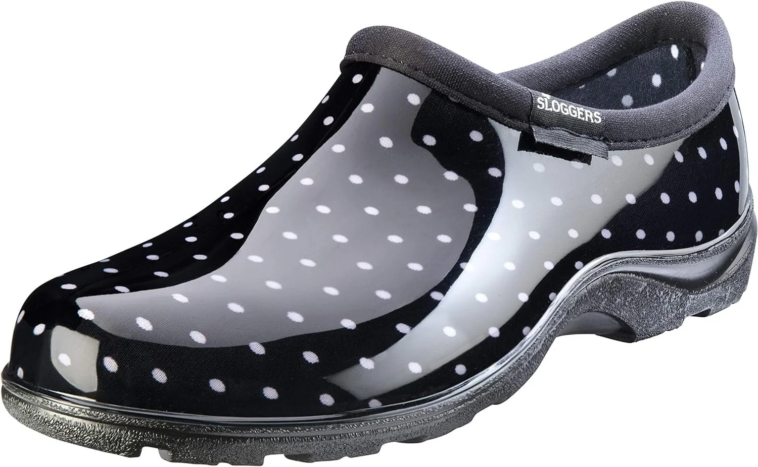 Sloggers Waterproof Garden Shoe for Women  Outdoor Slip-On Rain and Garden Clogs with Premium Comfort Support Insole, Polka Dot Black and White, Size 9