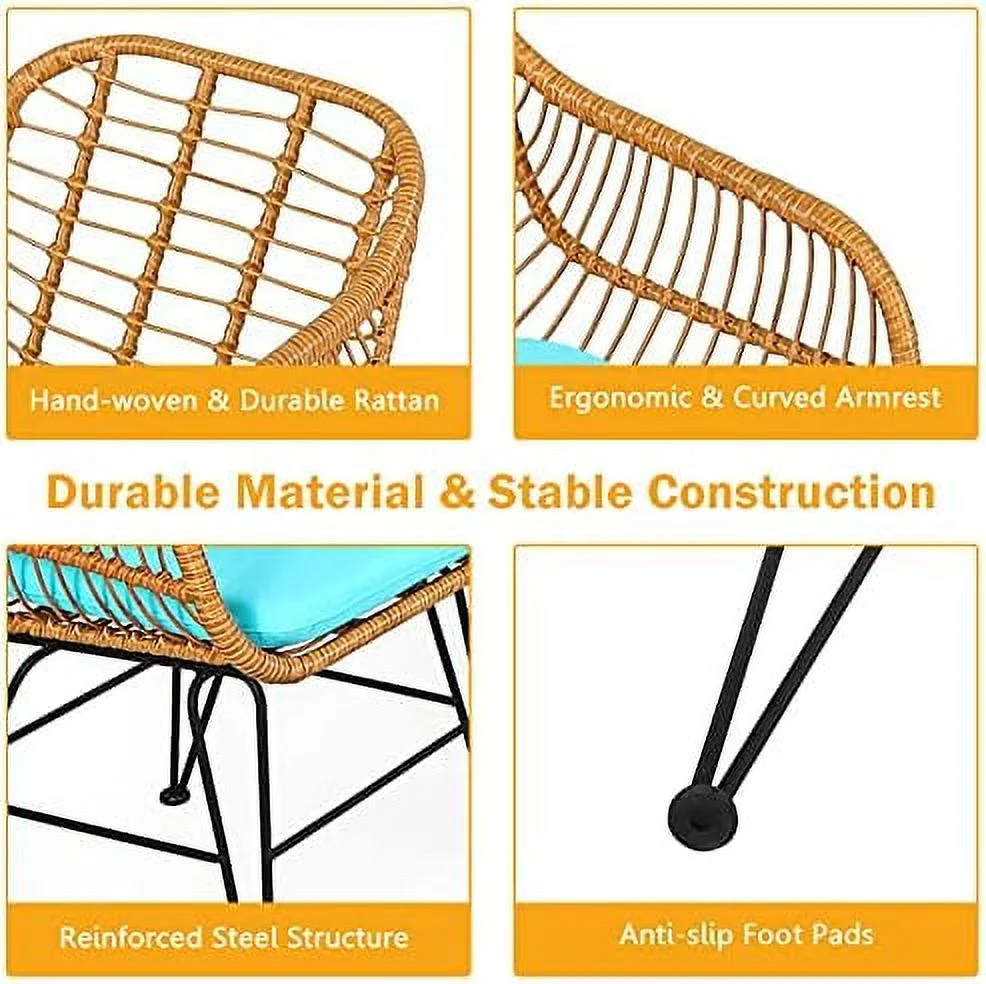 TQNJYGX 3 Pieces Rattan  with Steel Frame Round Coffee Table  Soft Cushions  Rattan Bistro  Set