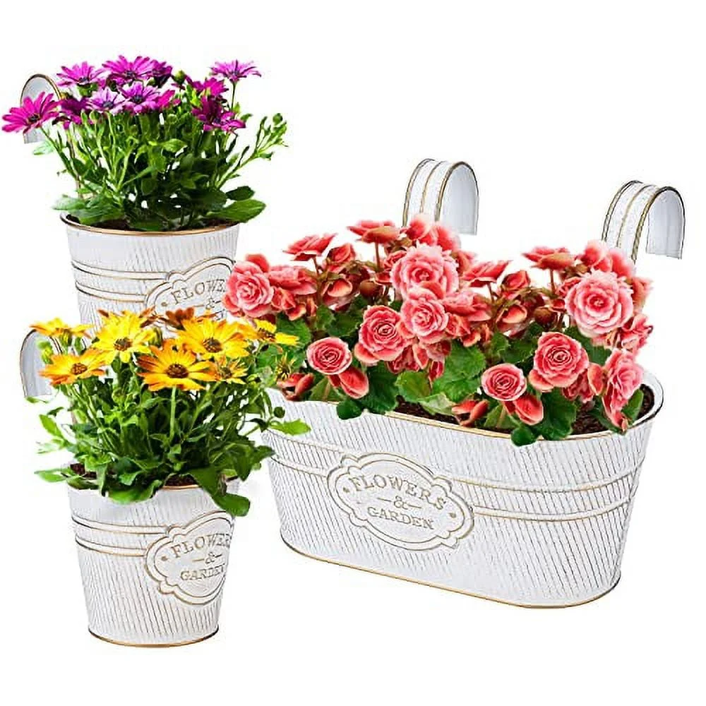 3 PCS Metal Hanging Flower Pots, Metal Iron Bucket Pots Railing Planter Pots with Detachable Hooks and Drainage Hole, Hanging Planters for Indoor Outdoor Plants, Railing Fence Patio Garden