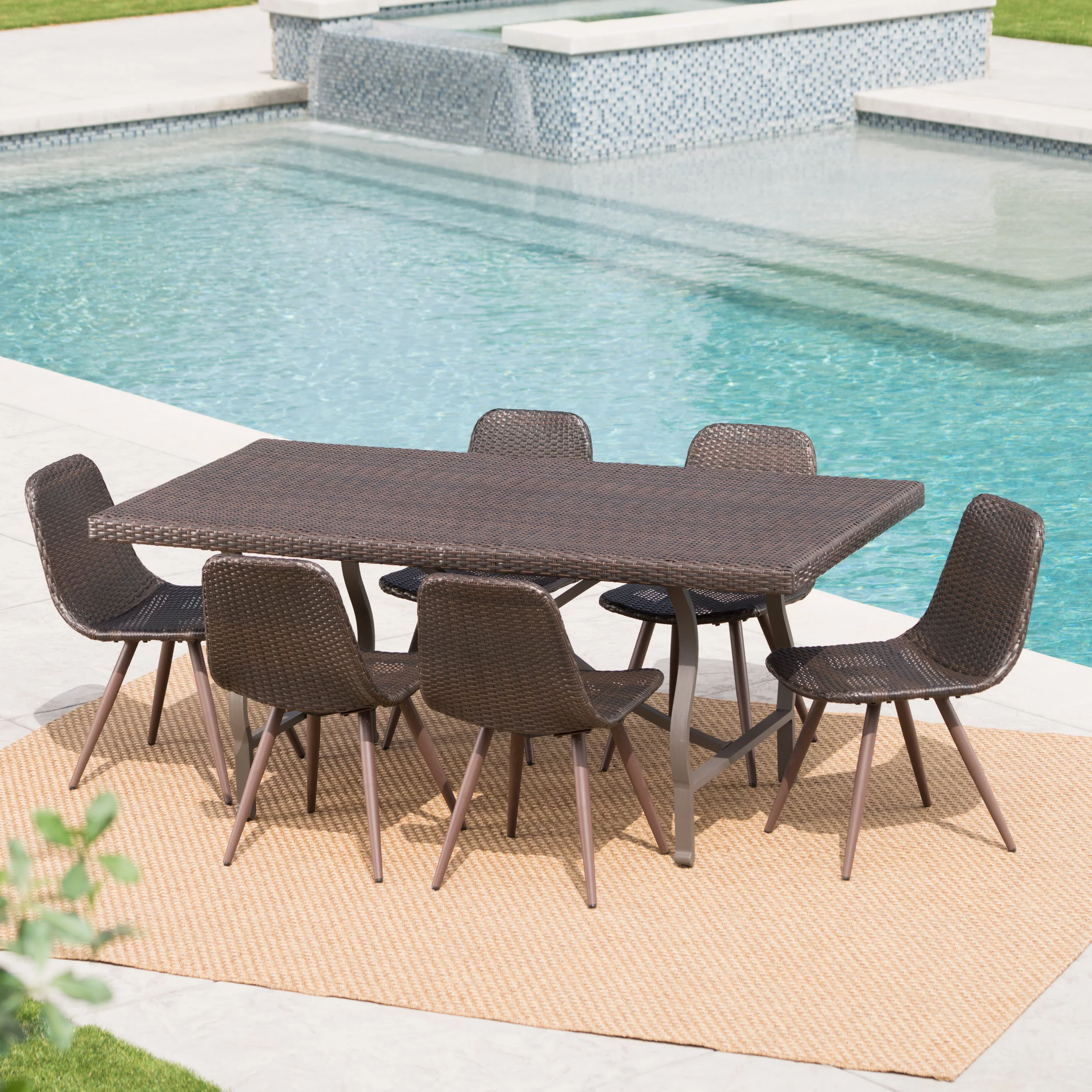 Crestwood Outdoor 7 Piece Wicker Dining Set with Foldable Rectangular Dining Table, Multibrown