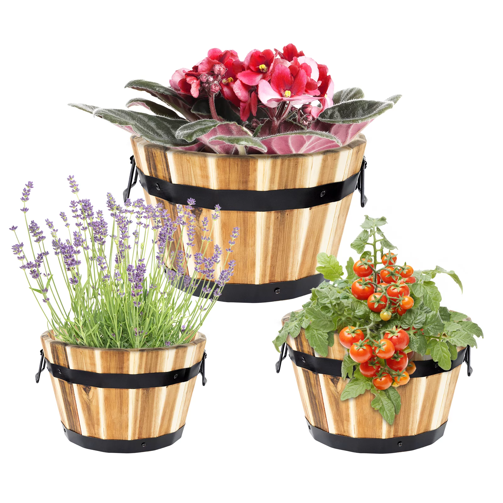Idzo Set of 3 Wooden Barrel Planters Outdoor, Durable Acacia Wood Flower Boxes for Outdoor Plants with E