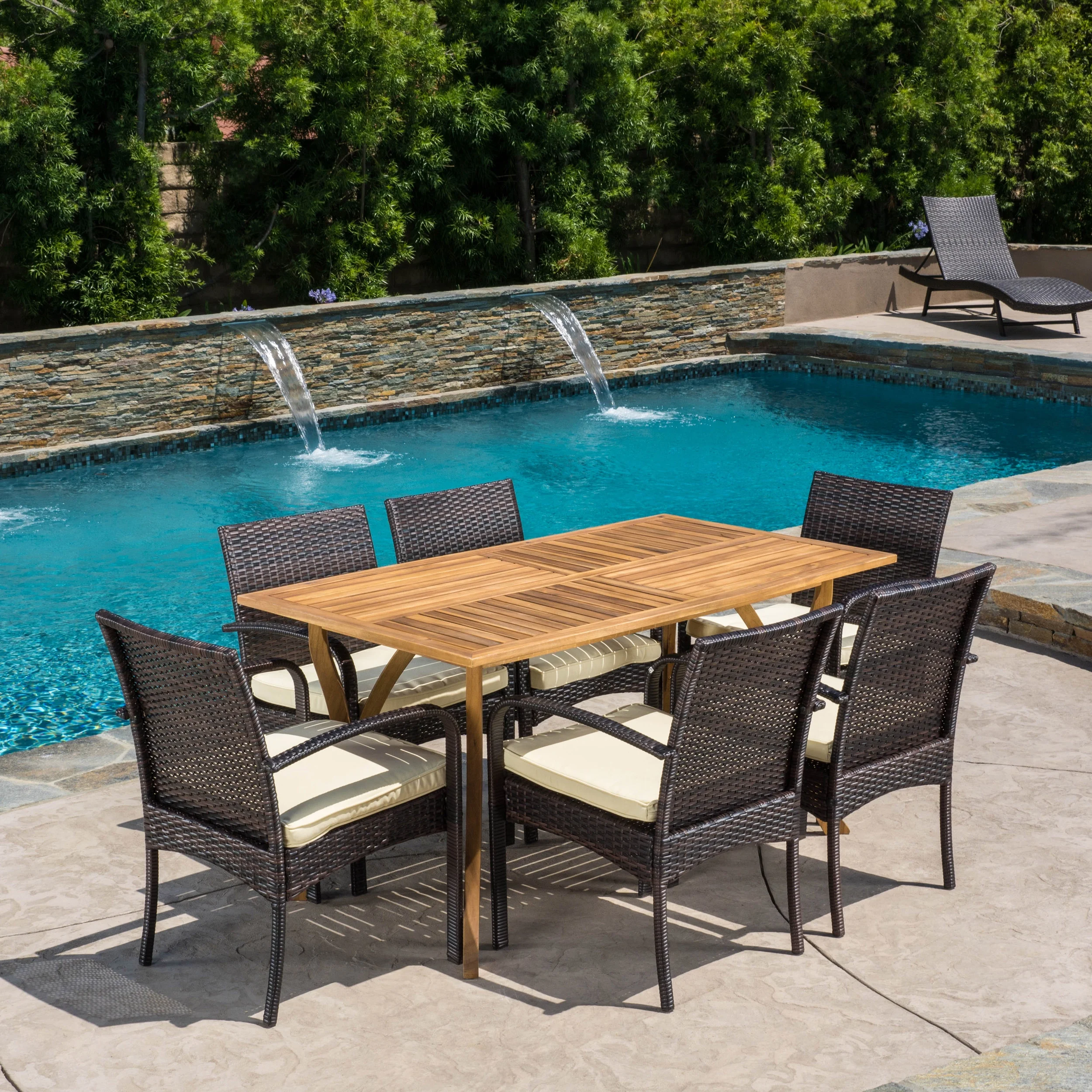 Voyage Outdoor Wicker and Acacia Wood 7-Piece Dining Set, Teak Finish and Crme