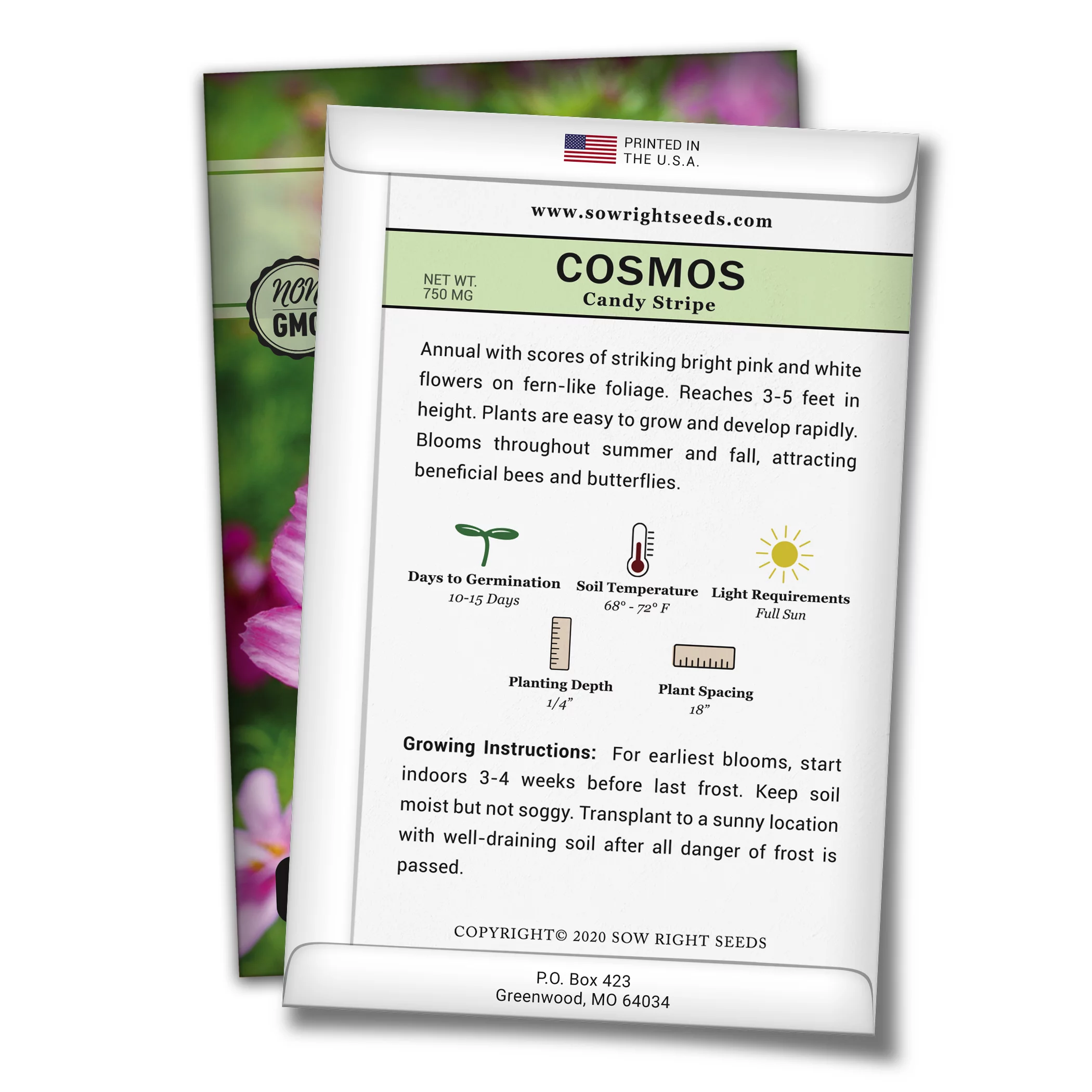 Candystripe Cosmos Seeds - Non GMO Heirloom Varieties for your Flower Garden - 2 Pack