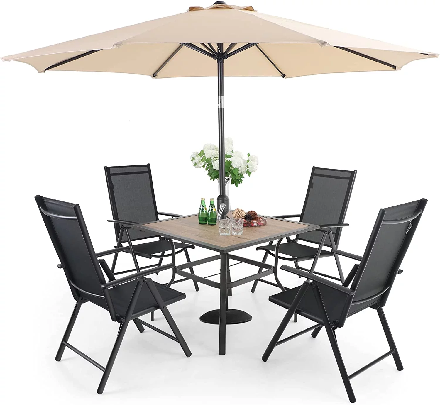 & William Outdoor 6 Pieces Dining Set with 4 Rattan Chairs  1 Wood-Like Metal Table and 1 10ft 3 Tier Auto-tilt Umbrella(No Base) Red  Modern Patio Furniture for Poolside  Porch  Pati