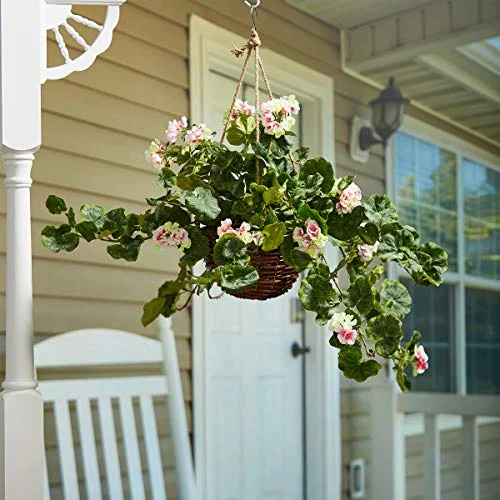 Home Pure Garden Faux Flowers - Light Pink Geranium Hanging Natural and Lifelike Floral Arrangement with Basket Office