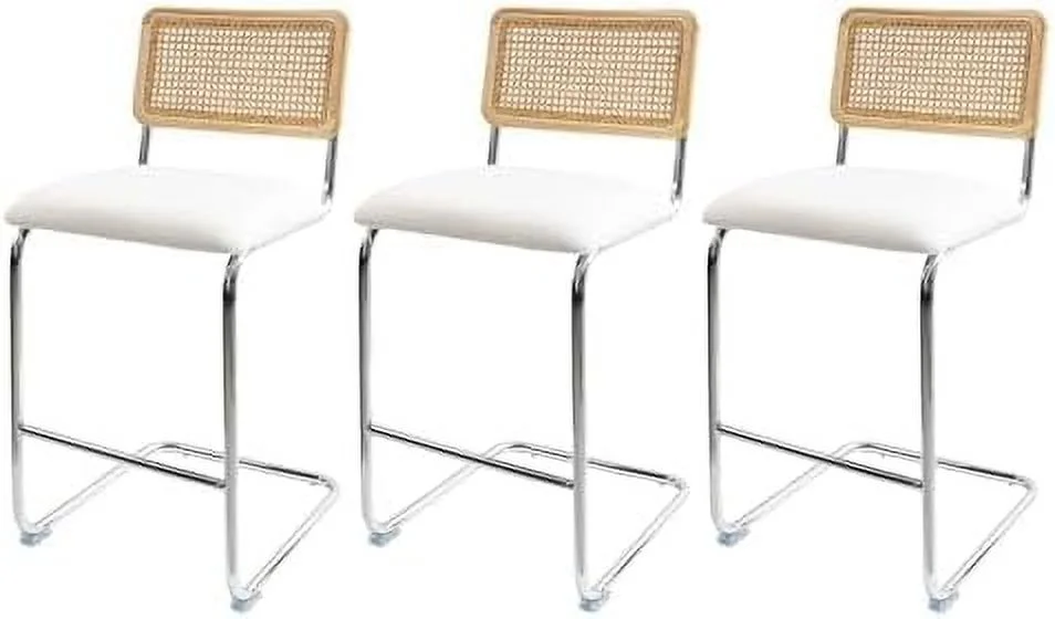HBLUKDL Black Modern Counter Height  Stools  with Natural Rattan Cane and Solid Wood Backs  24 Inch Upholstery with Metal Chrome Legs Mid Century  Chairs