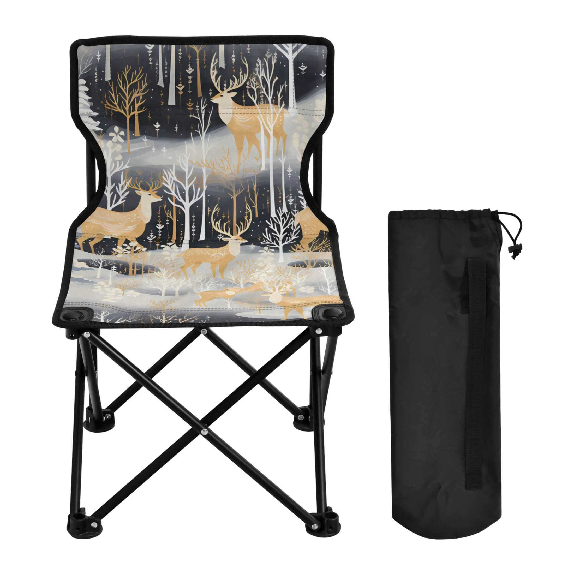 Deers and Christmas Trees Portable Camping Chair Small for Kids Outdoor Folding Beach Chair Fishing Chair Lawn Chair with Carry Bag