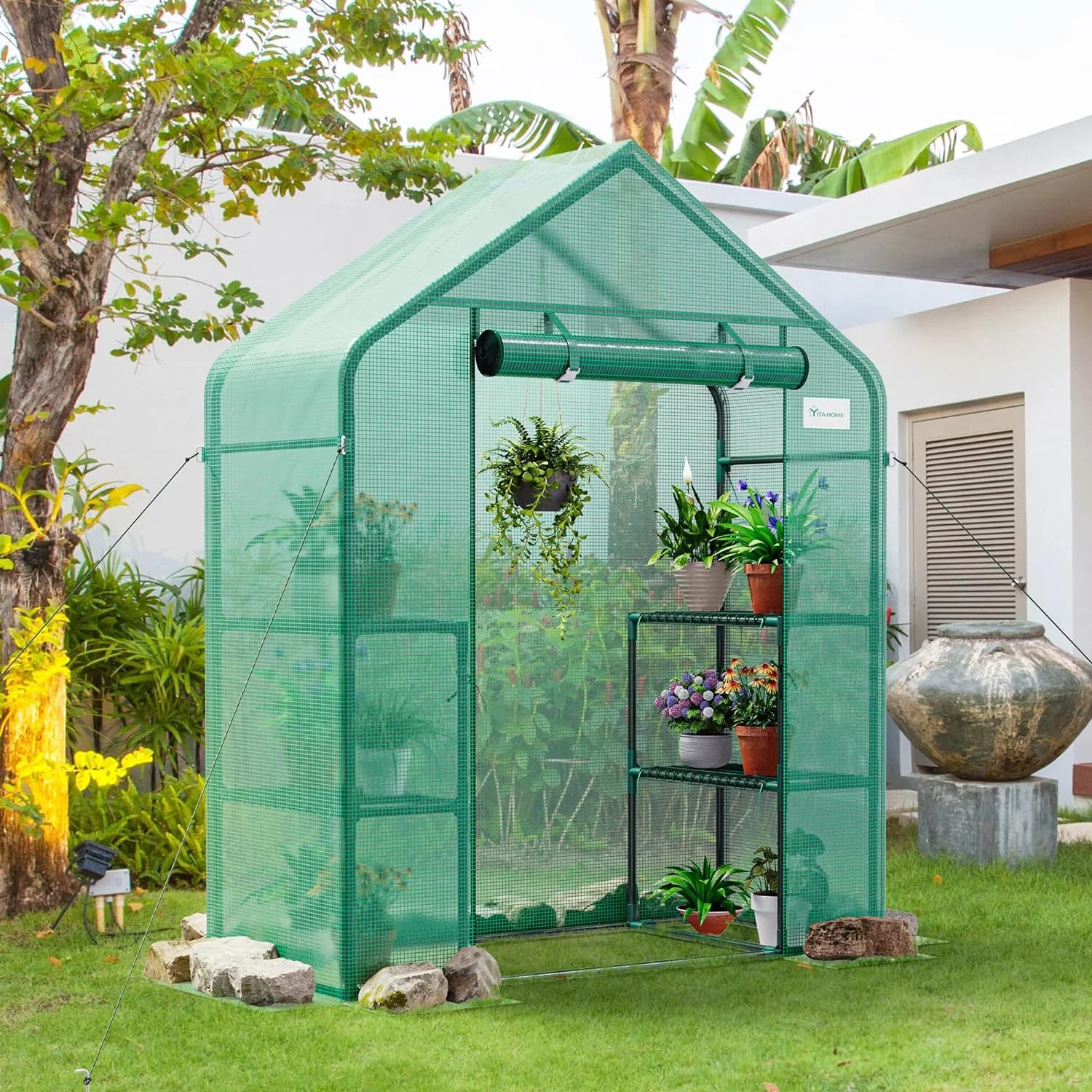 Greenhouse Walk-in Outdoor 3 Tier 6 Shelves PE Cover Zipper Door Green House Anti Tear Plant Cover w/ Ground Pegs Ropes for Garden and Backyard