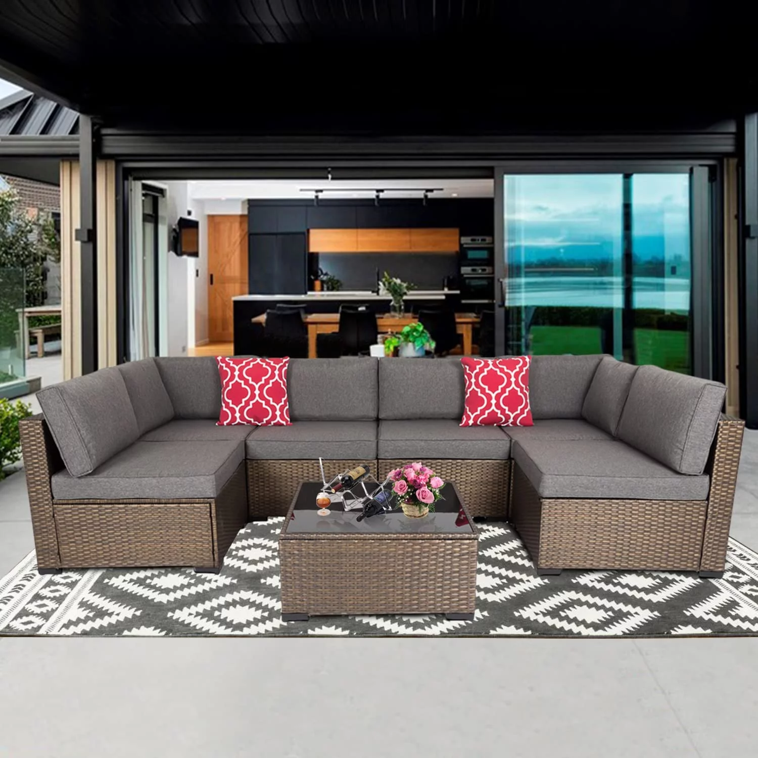 7Pcs Patio Furniture Sets - Patio Sectional Conversation Sofas Black PE Wicker Outdoor Couch Patio Seating with Pillows & Coffee Table  Red