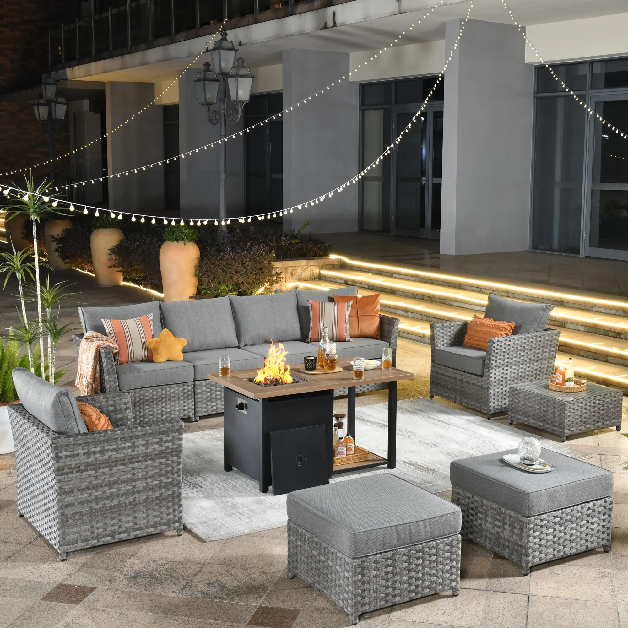 Vcatnet 10 Pieces Outdoor Patio Furniture Sectional Sofa All-weather Conversation Set with Fire Pit Table and Coffee Table for Garden,Backyard,Dark gray