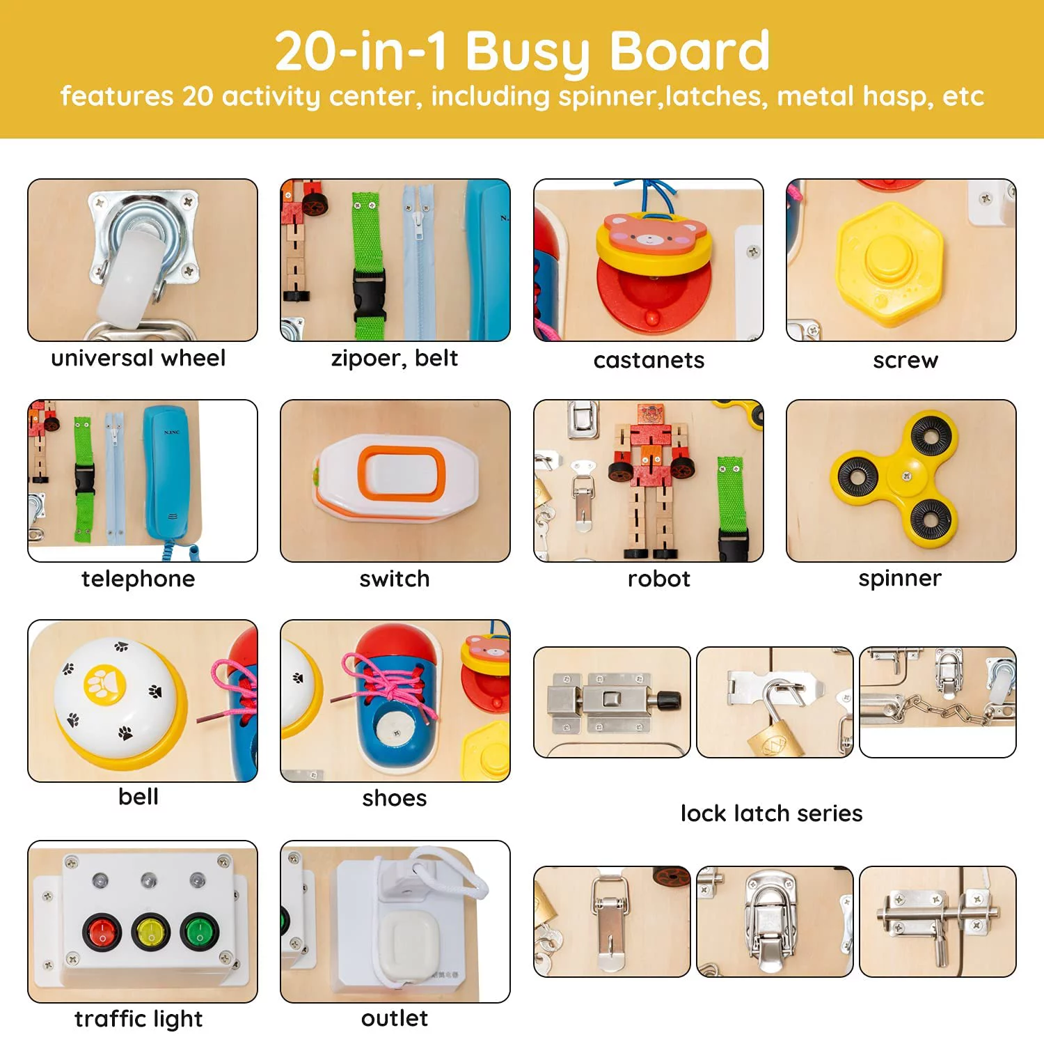 Terra Montessori Busy Board for Toddlers-Busy Board Toys Learn to Dress Toys for 3 - 12 Year Old Kids - Learning Toy for Airplane or Car Travel-20-in-1 Busy Board