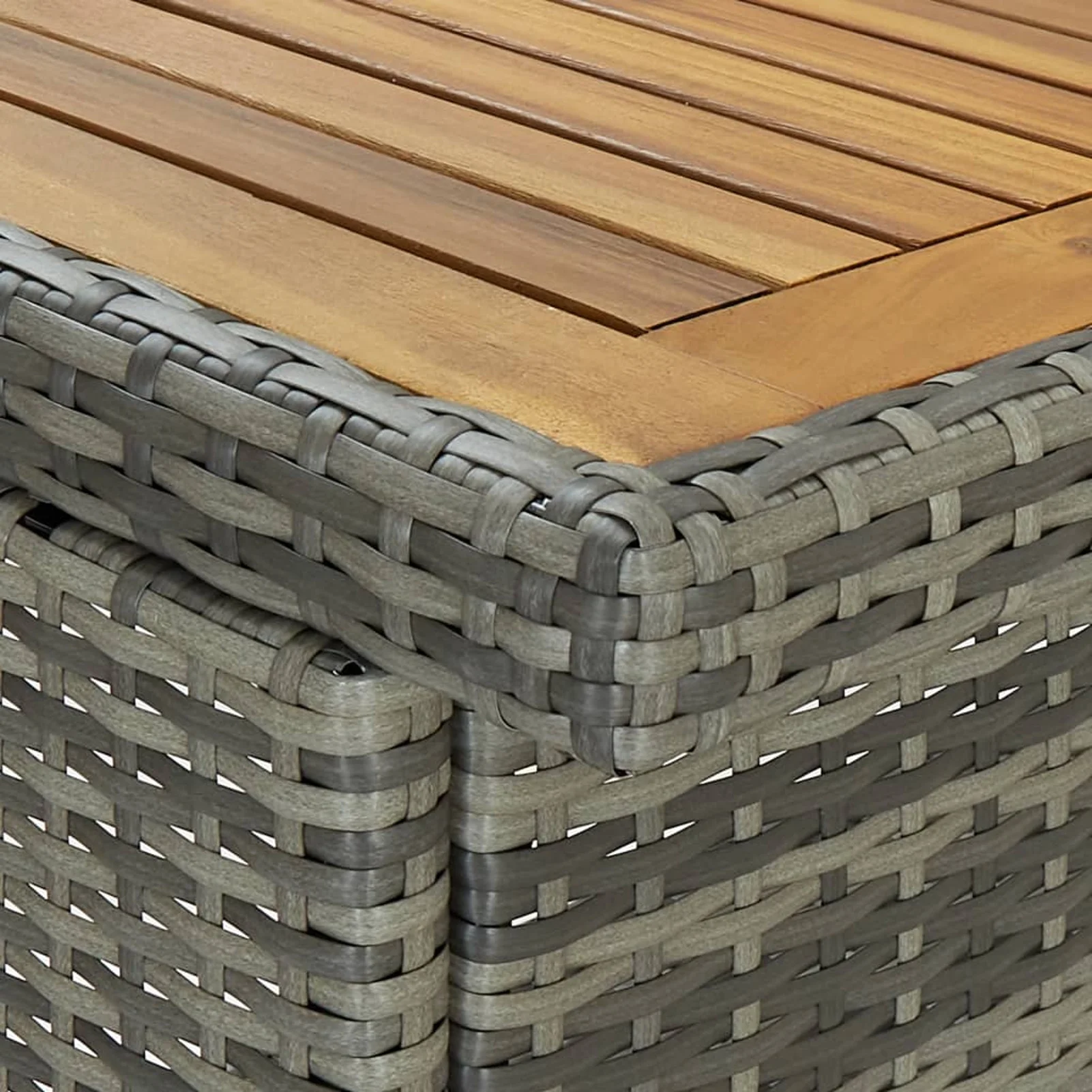 moobody 3 Piece Bar Set Acacia Wood Tabletop Table and 2 Stool Chairs with Seat Cushion Counter Height Dining Set Gray Poly Rattan for Bistro, Pub, Garden, Backyard, Patio, Indoor  Furniture