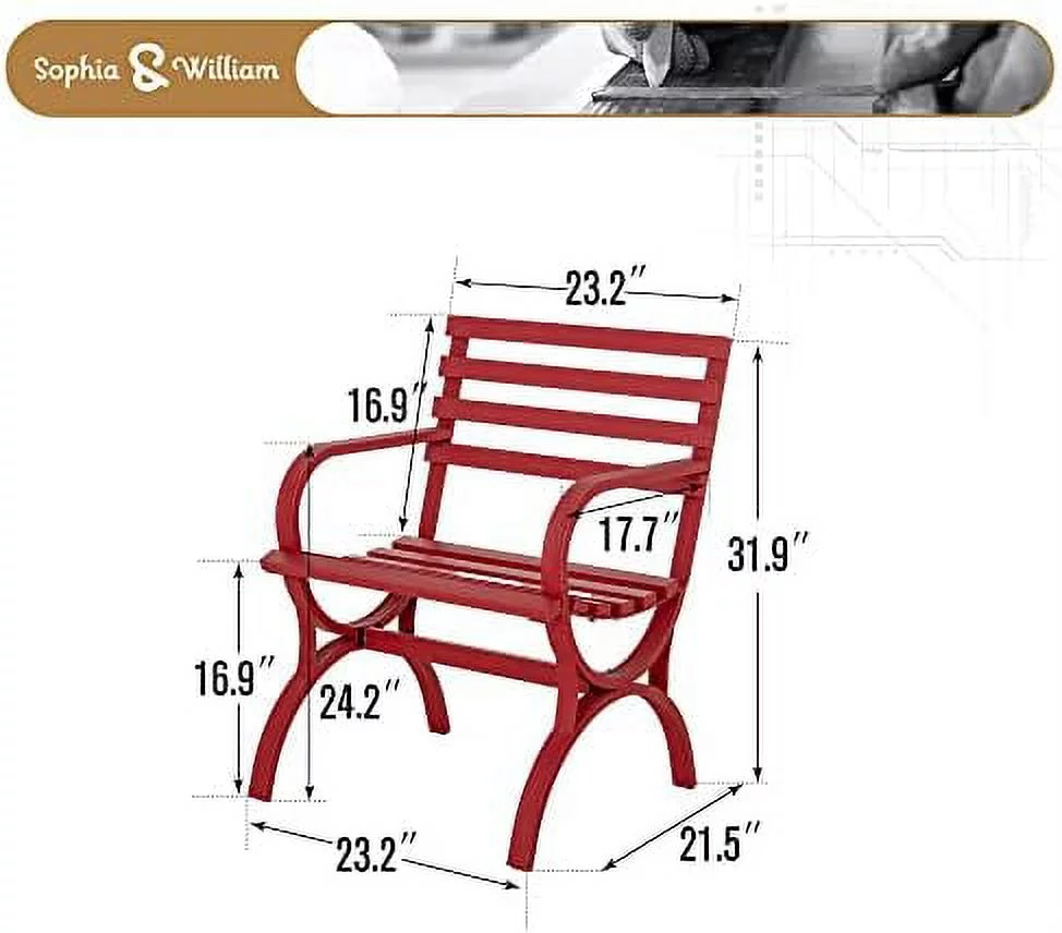 Outdoor Garden Park Chair Patio Metal Single Seater Bench, Steel Frame Furniture With Backrest And Armrests For Porch Yard Lawn Deck, Red