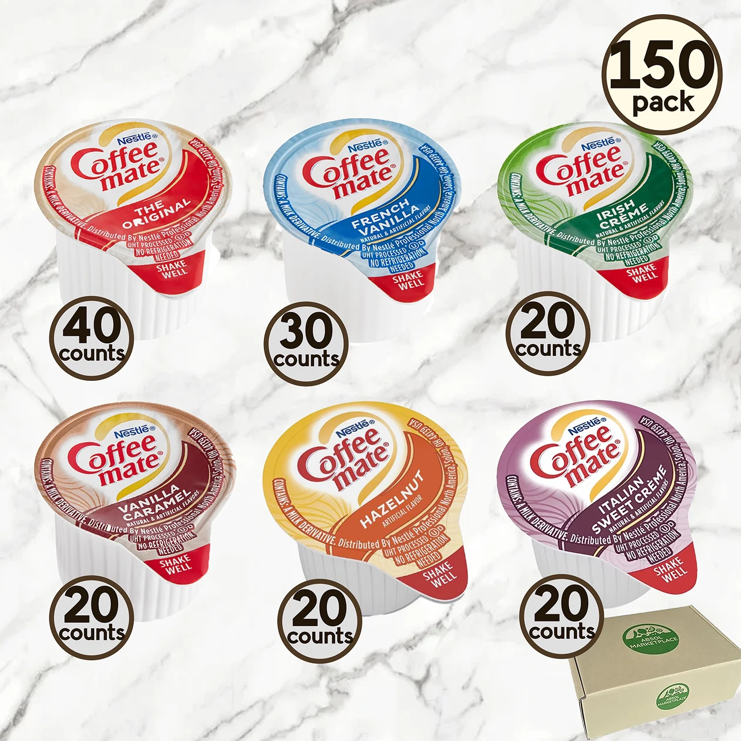 Nestle Coffee-Mate Hazelnut, Original, Italian Sweet Creme, French Vanilla, Irish Creme, Vanilla Caramel Single Serve Non-Dairy Creamer, 0.4 oz l Pack of 150