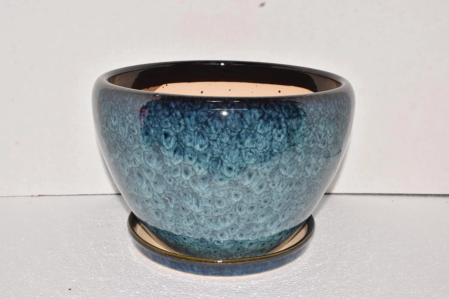 New Cobalt & Aqua Color Reactive Glaze belly Planter Plant & Saucer, Blue, 6.5