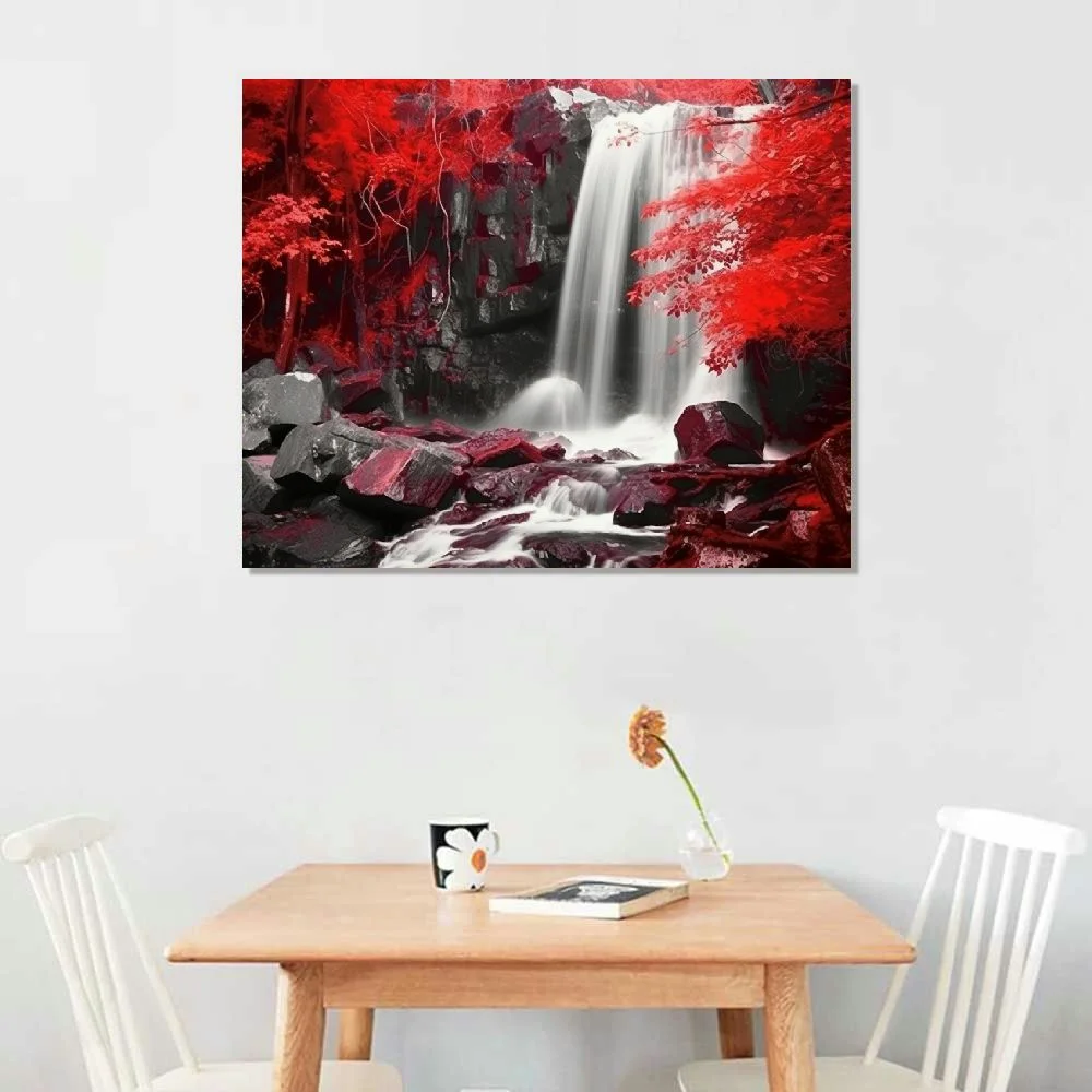 JRXY Forest Canvas Wall Art Red and Black Bathroom Wall Decor Fall Pictures Mountain Waterfall Landscape Poster Tropical Tree Painting Nature Scenery Artwork for Living Room Home Decorations 16x12in