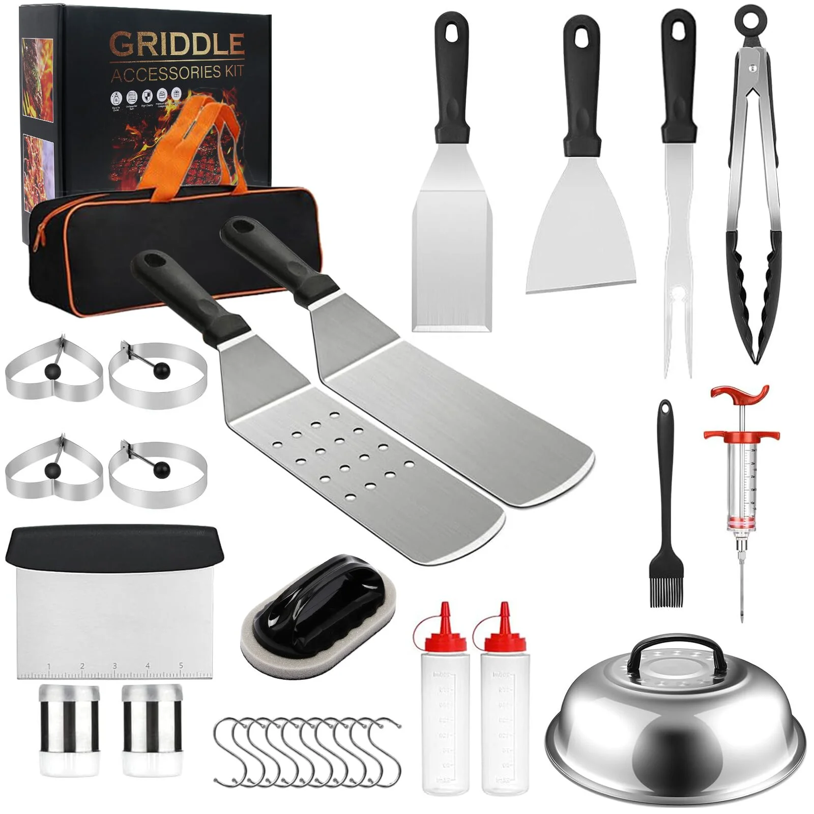 LOVJOYSE 30PCS Griddle Accessories Kit, Flat Top Grill Accessories Set for Blackstone and Camp Chef, Grill Spatula Set with Enlarged Spatulas, Basting Cover, Scraper for Outdoor BBQ