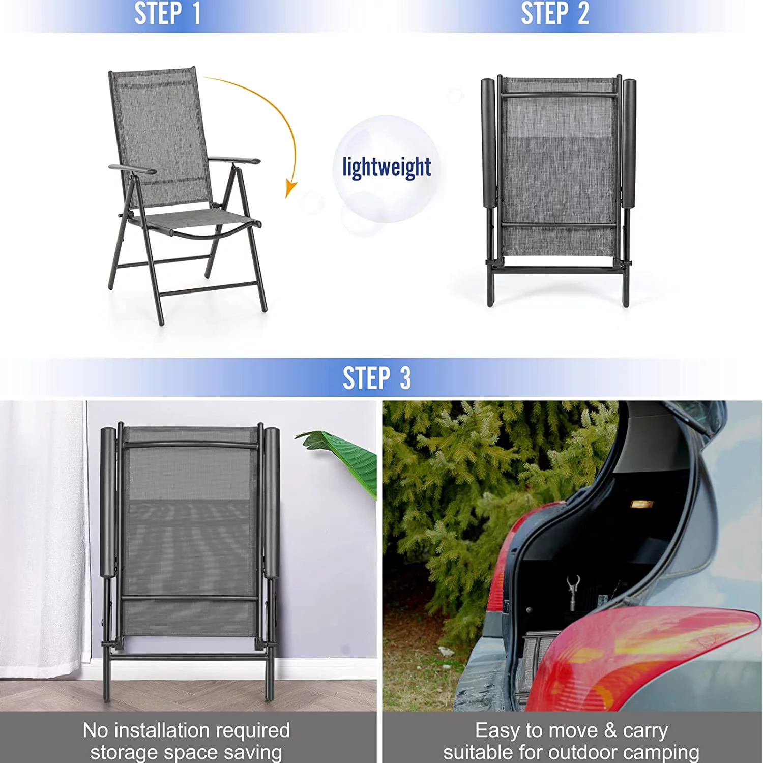 VILLA 7 PCs Outdoor Patio Dining Set  6 Adjustable Folding Reclining Sling Chair with Armrest & 1 Rectangle Patio Dining Table with 1.57" Umbrella Hole (Black)