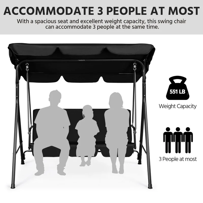 3-Person Outdoor Patio Swing Chair, Canopy Swing w/Removable Cushion, Convertible Canopy Hanging Swing Glider Lounge Chair, Black