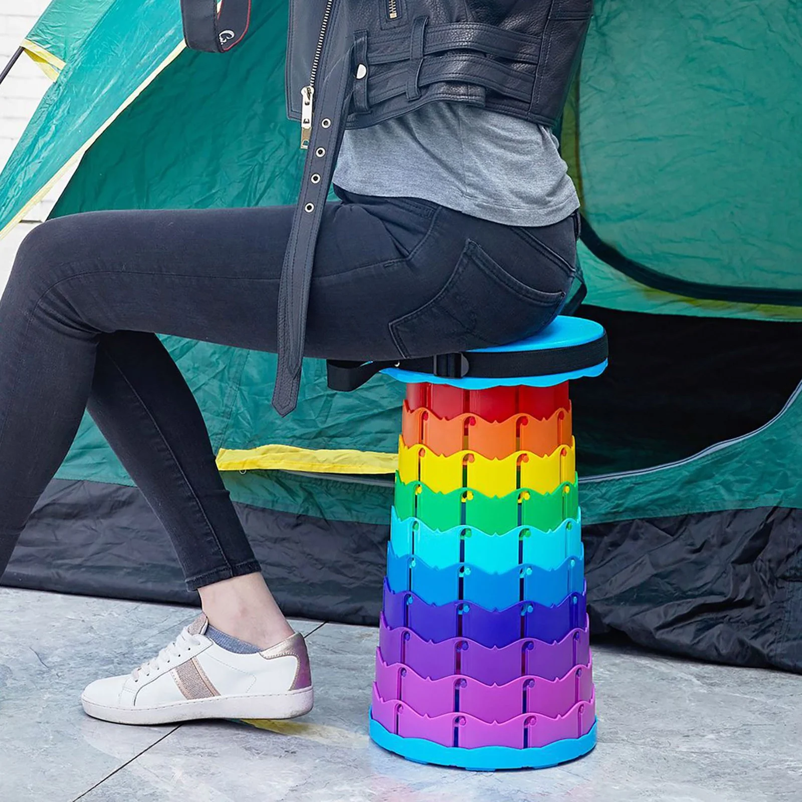 Folding Stool with Back Rainbow Style Telescopic Stool Outdoor Telescopic Stool Rotating Soft Cushion Portable Travel Storage Bag Queuing Folding Chair Sister Birthday Gifts
