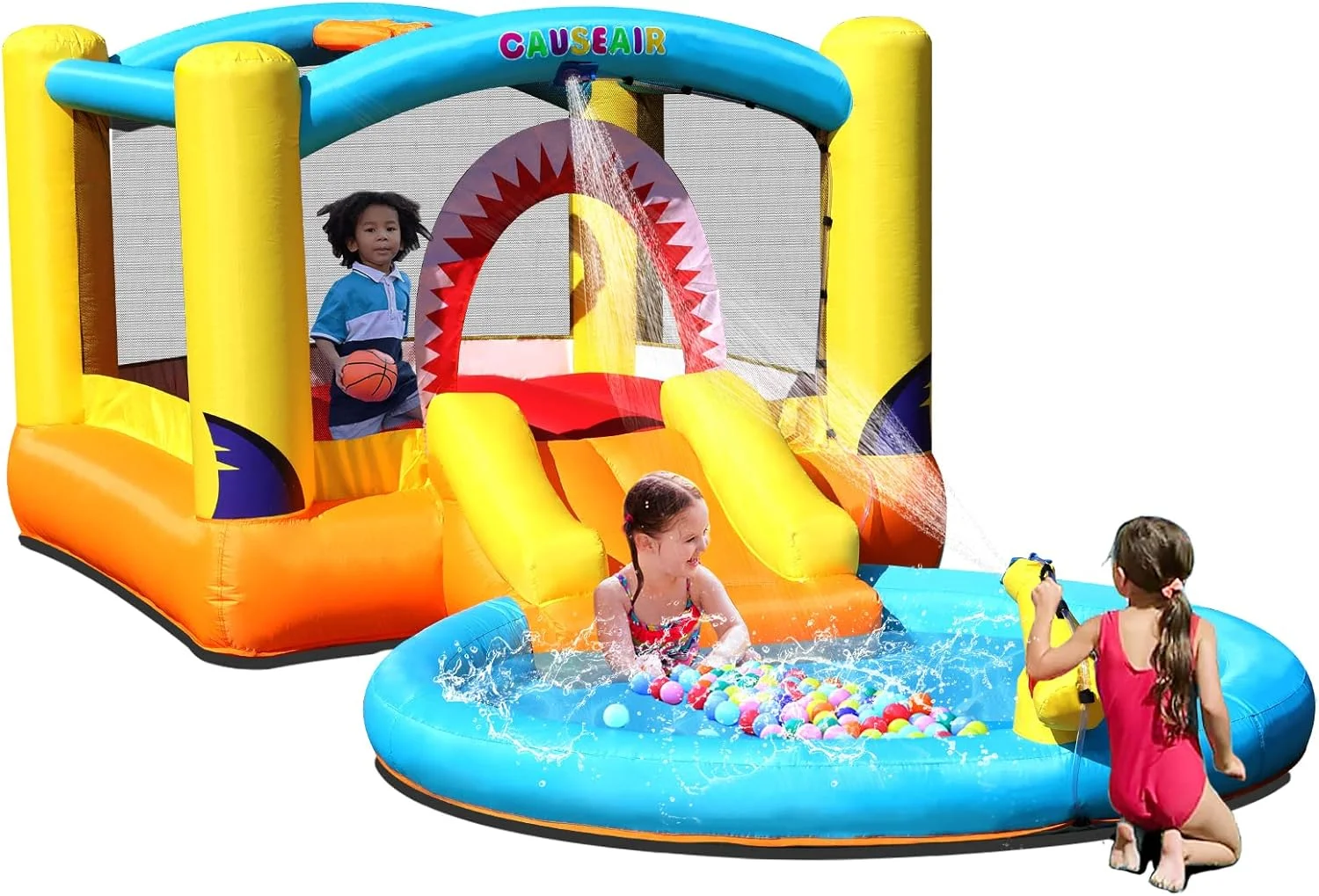 Inflatable Bounce House with Ball Pit & Water Slide,Wet & Dry Use,Water Spray Gun,Basketball Hoop,Bouncy House for Toddler Kids