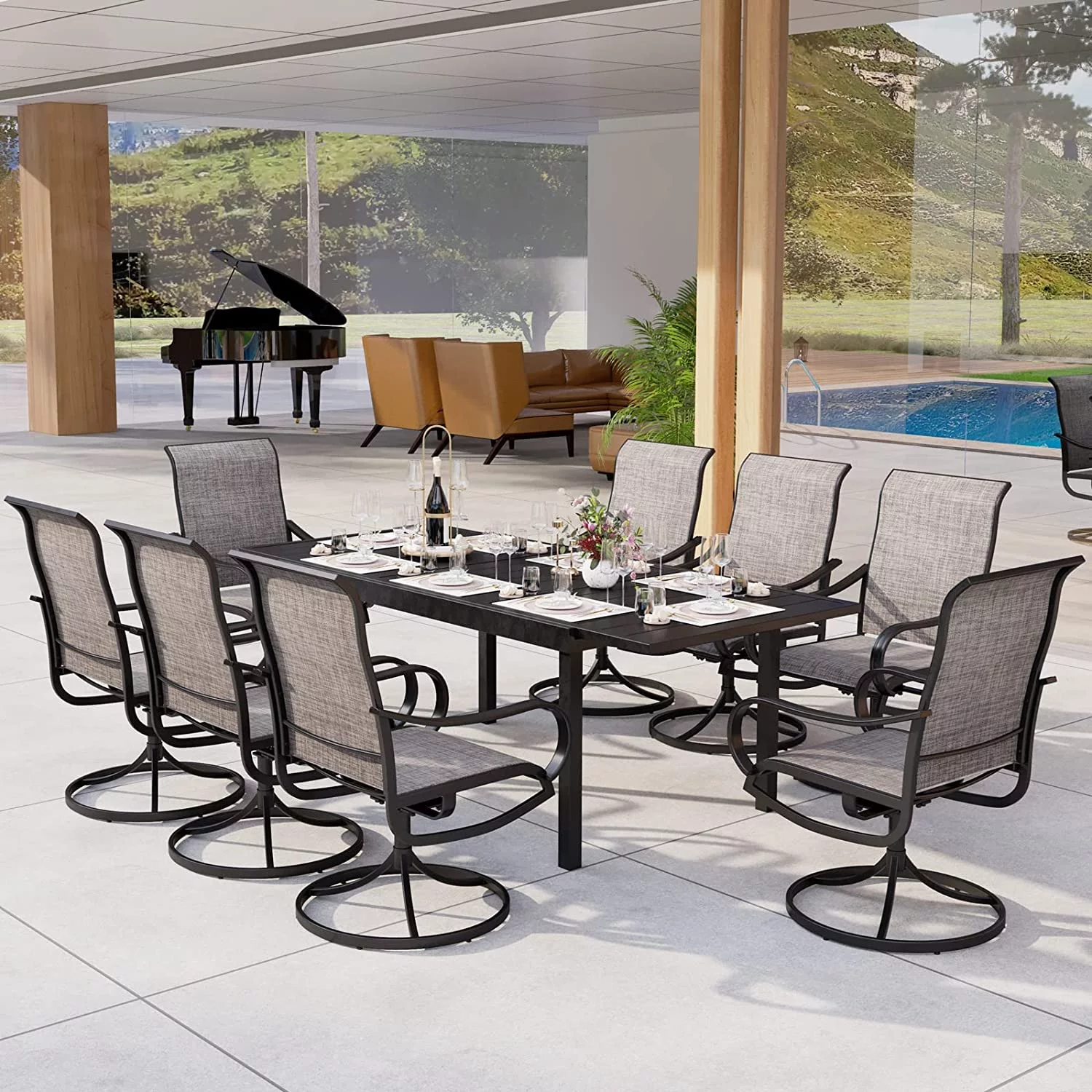 9-Piece Metal Outdoor Patio Dining Furniture Set 8 Sling Dining Swivel Chairs and 1 Expandable Outdoor Dining Rectangle Table