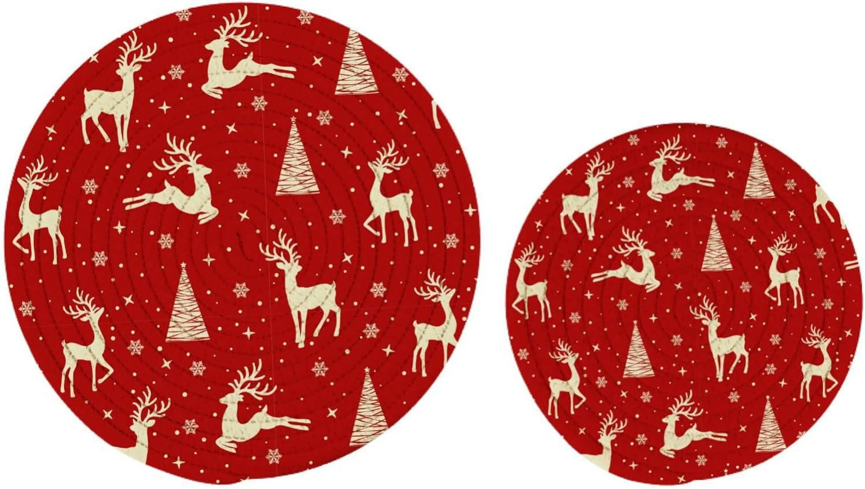 Bestwell Cotton Christmas Golden Deers Snow Red Woven Pot Holder Trivets Set,2 Pcs Round Coasters Placemat for Cooking Baking Hot Dish Pan Pot Bowl Teapot(7/9 Inches)