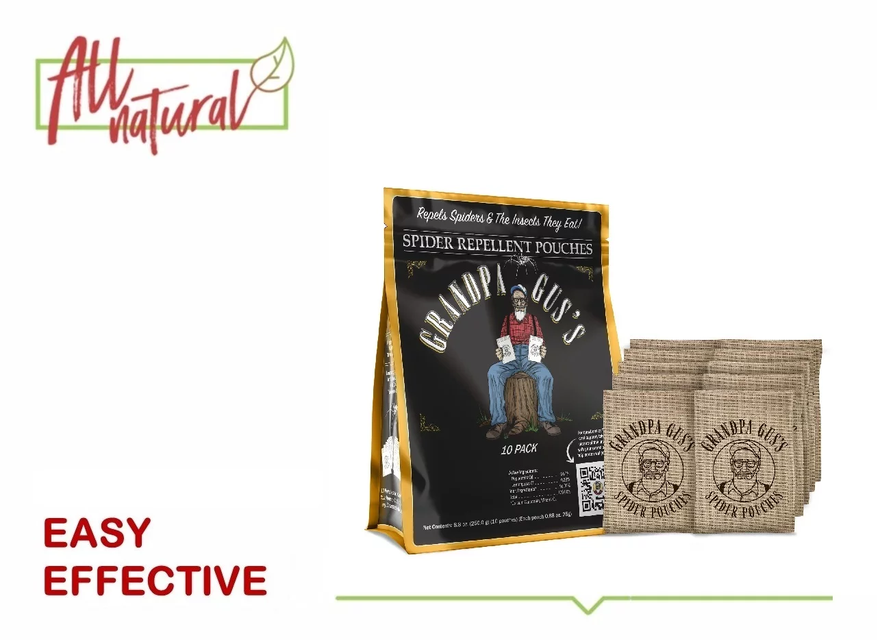 Grandpa Gus's Spider Repellent Pouches with Lemongrass & Peppermint Oils, Repels All Spiders and The Insects They Eat (Pack of 10)