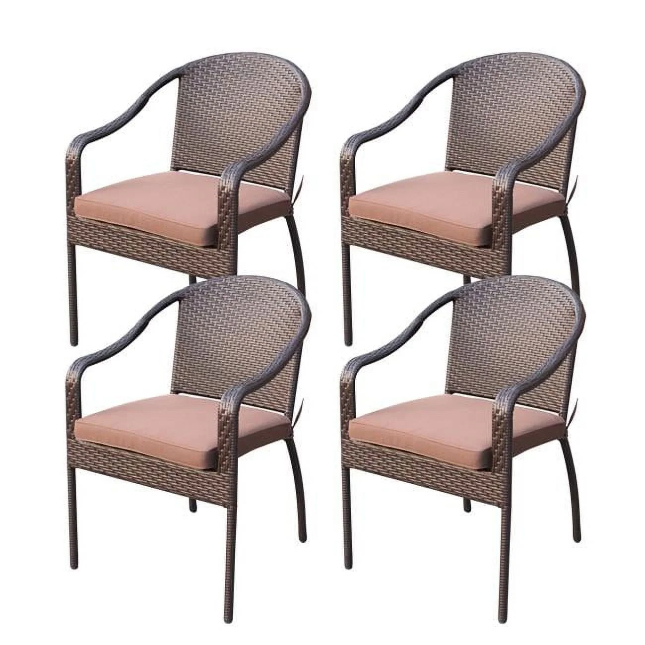 Jeco W00501-C-4-FS007 Cafe Curved Stacking Wicker Chairs - Brown Cushions - Set of 4