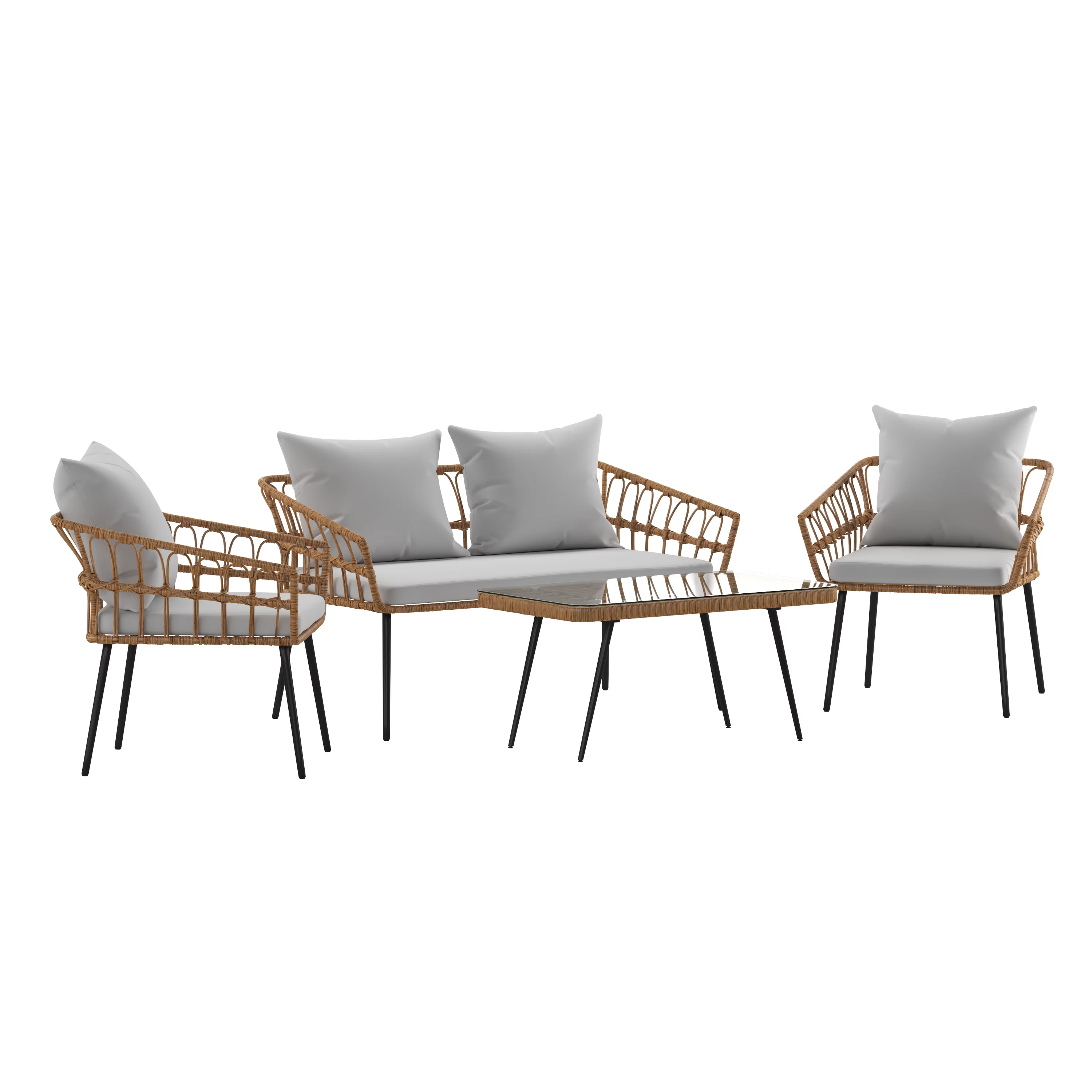 BizChair Evin Boho 4 Piece Indoor/Outdoor Rope Rattan Patio Conversation Set with Tempered Glass Top Coffee Table and Gray Cushions, Natural