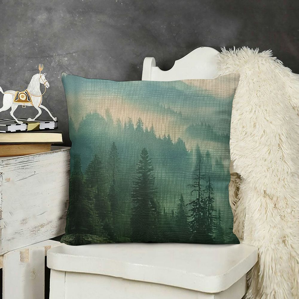 Ollo0ord Throw Pillow Cover Linen Spruce Forest On Green Woodland Wonderland Hill Amazing Fog Beautiful Parks Mist Outdoor Textures Decorative Square Cushion Case for Sofa Car Bedroom White