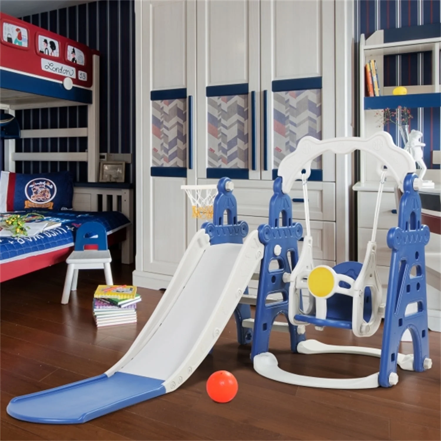 BATE 4 in 1 Kids Swing and Slide Set with Basketball Hoop, Extra Ball, Music Player