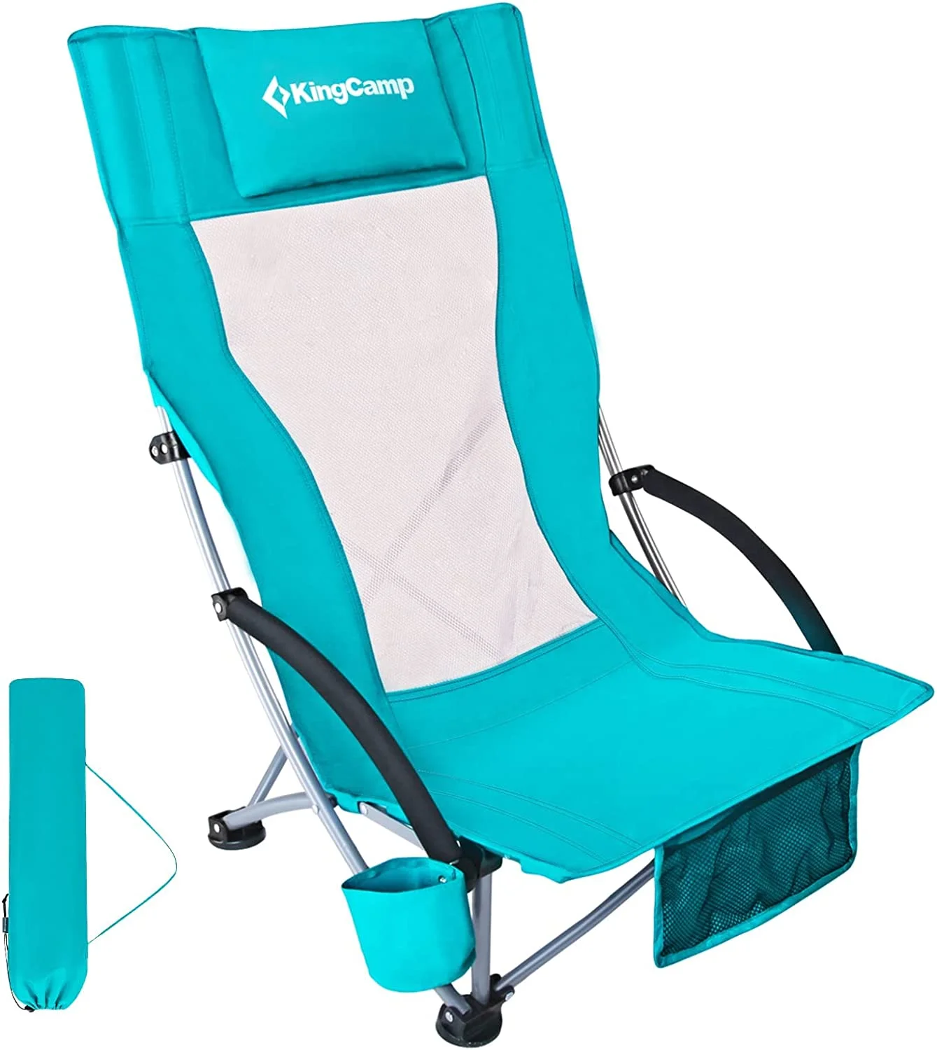 KingCamp Folding Beach Chair High Back Lightweight Portable Backpack Chair with Headrest, Cup Holder for Camping Outdoor Sand Concert Lawn Festival Sports, Cyan