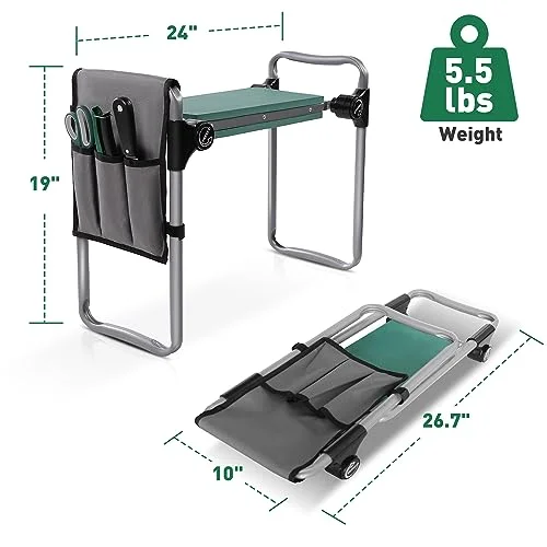New Generation Garden Kneeler and Seat with Widen Soft EVA Pad Button-Press Design, Foldable and Lightweight, Garden Stool with Tool Bag, Green