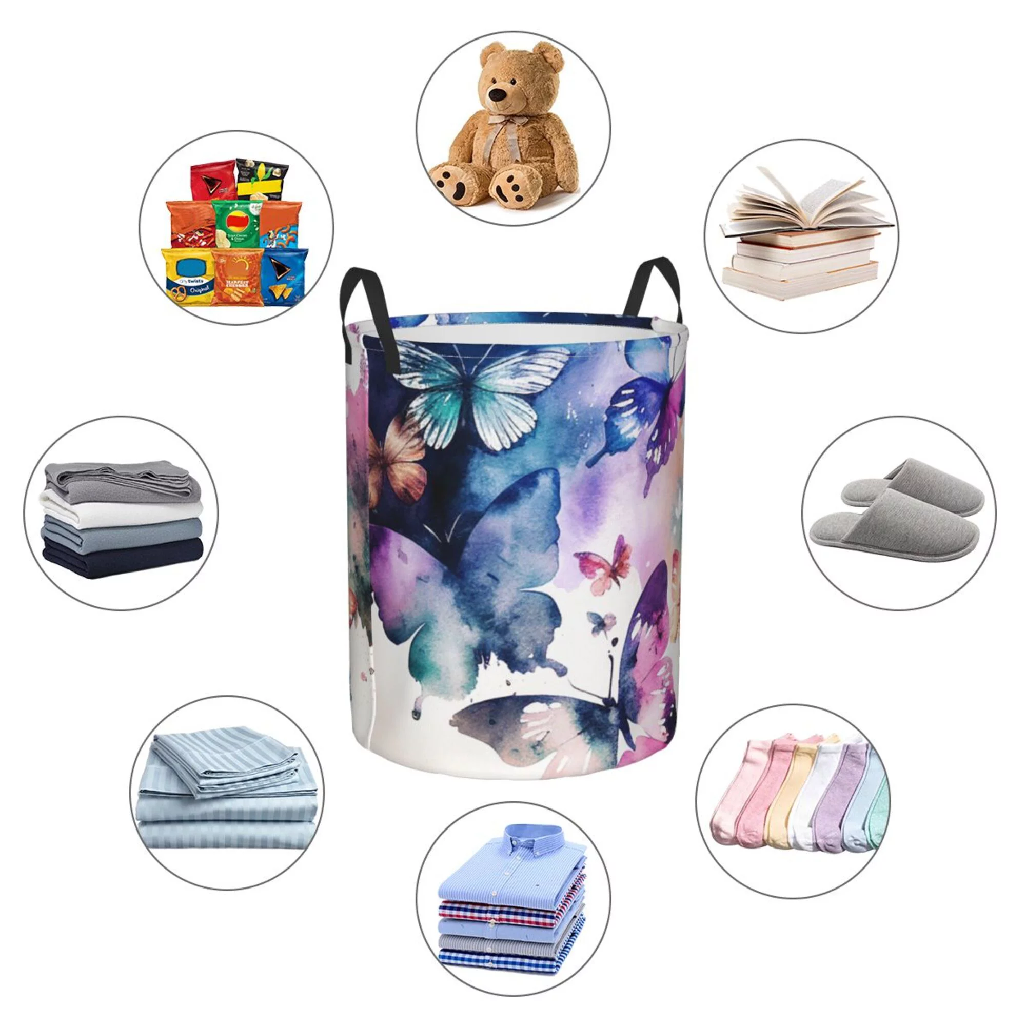 DouZhe Waterproof Collapsible Large Laundry Baskets, Pink Watercolor Butterfly Prints Circular Hamper with Handles